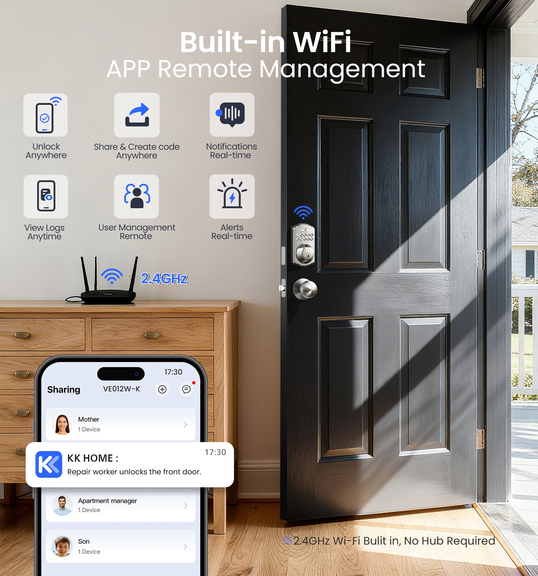 Veise VE012W-K Built-in WiFi Fingerprint Smart Lock with 2 Knobs