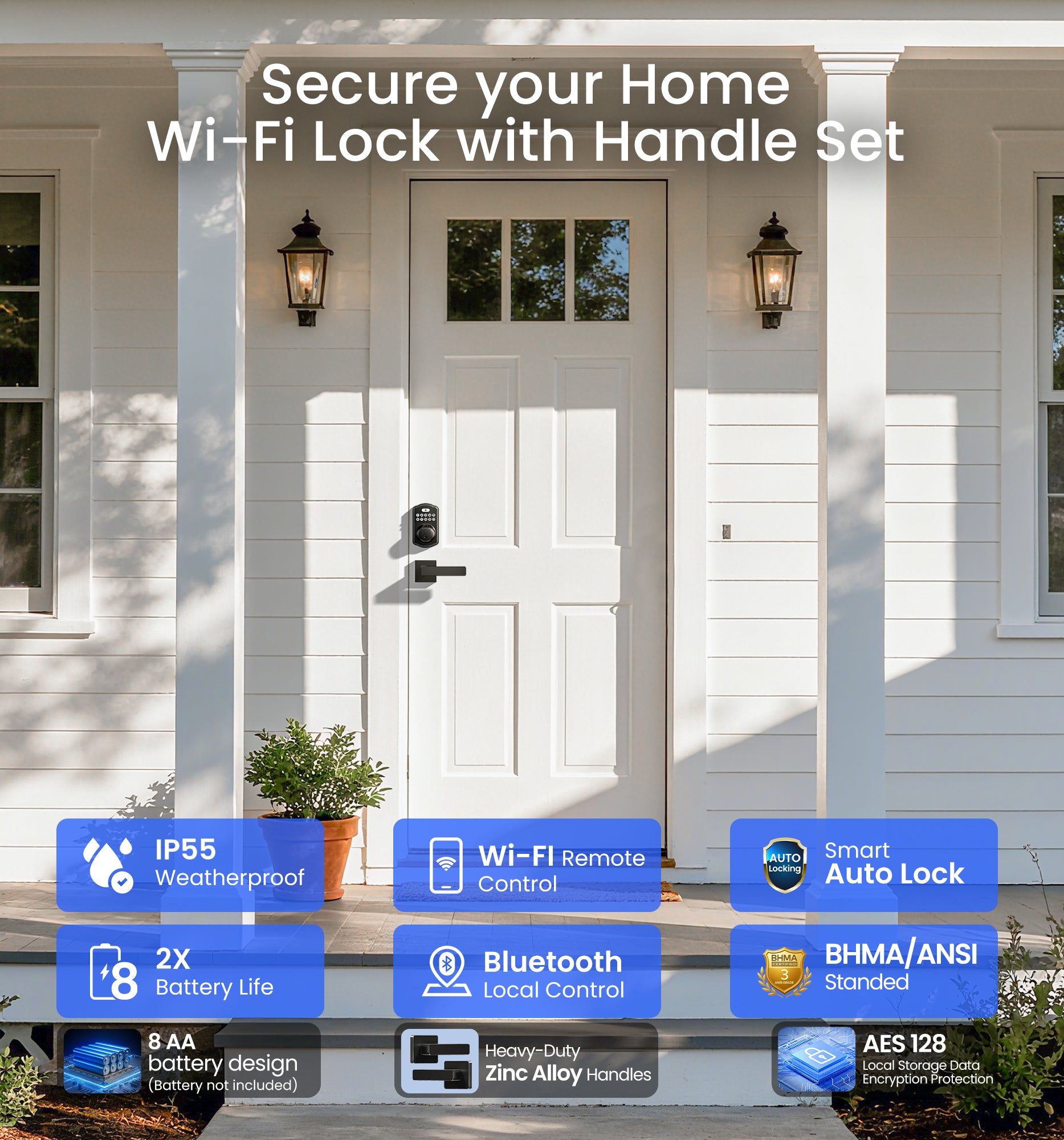 Veise VE012W-L Built-in WiFi Fingerprint Smart Lock with Level Handle Set, App Remote Control, Digital Backlit Keypad Deadbolt, Keyless Entry for Front Door, Voice Assistant, Auto Lock