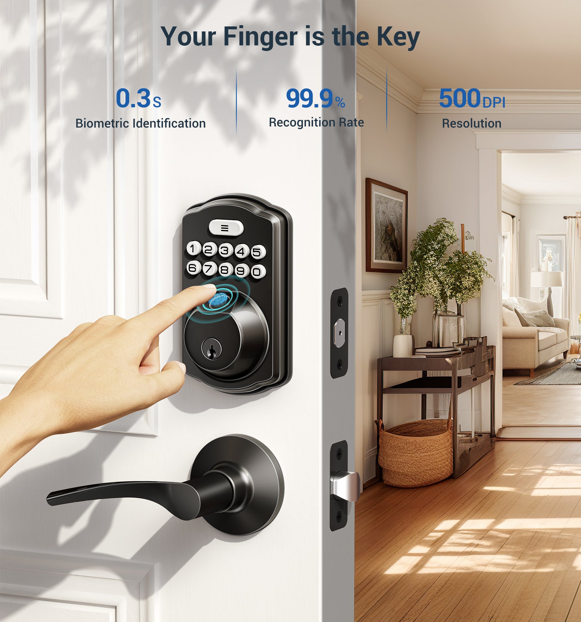 Veise Fingerprint Door Lock with 2 Lever Handles - Keyless Entry Door Lock, Electronic Keypad Deadbolt, Digital Smart Code & Front Handle Sets, Auto-Locking, Easy Installation