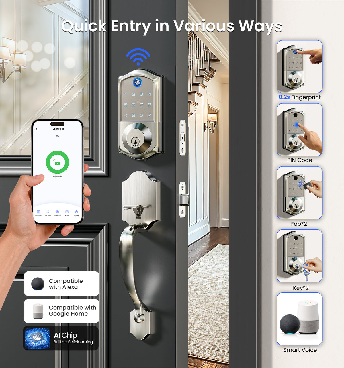 Veise VE017G-H Wi-Fi Smart Fingerprint Front Door Lock Set #Color_Satin Nickel