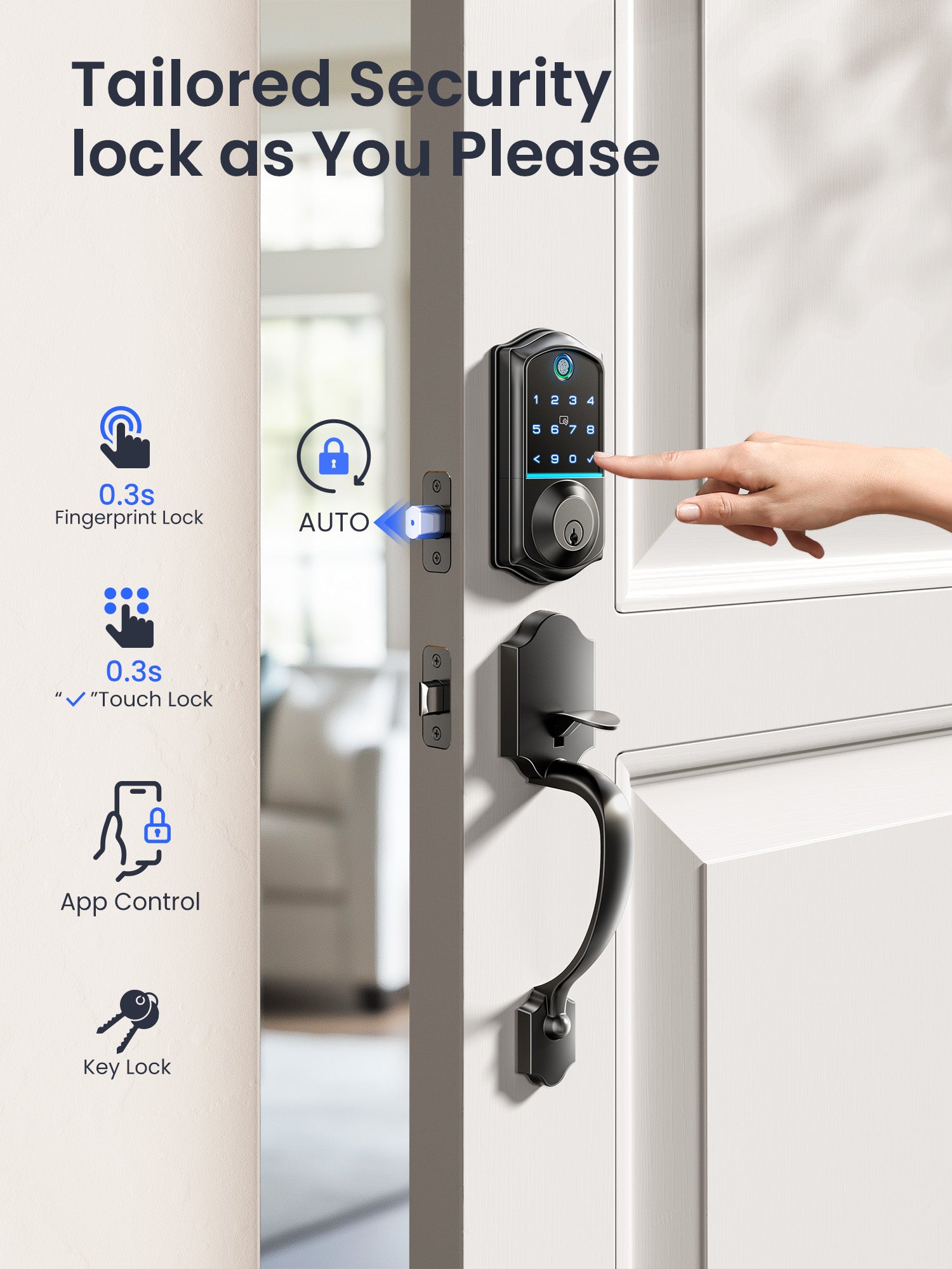 Veise VE017-H Fingerprint Smart Front Door Lock Set, App Control, Keyless Entry Door Lock with Handle, Smart Deadbolt, Emergency Power Port, Digital Touchscreen Keypad, Auto Lock, Easy Install, Matte Black