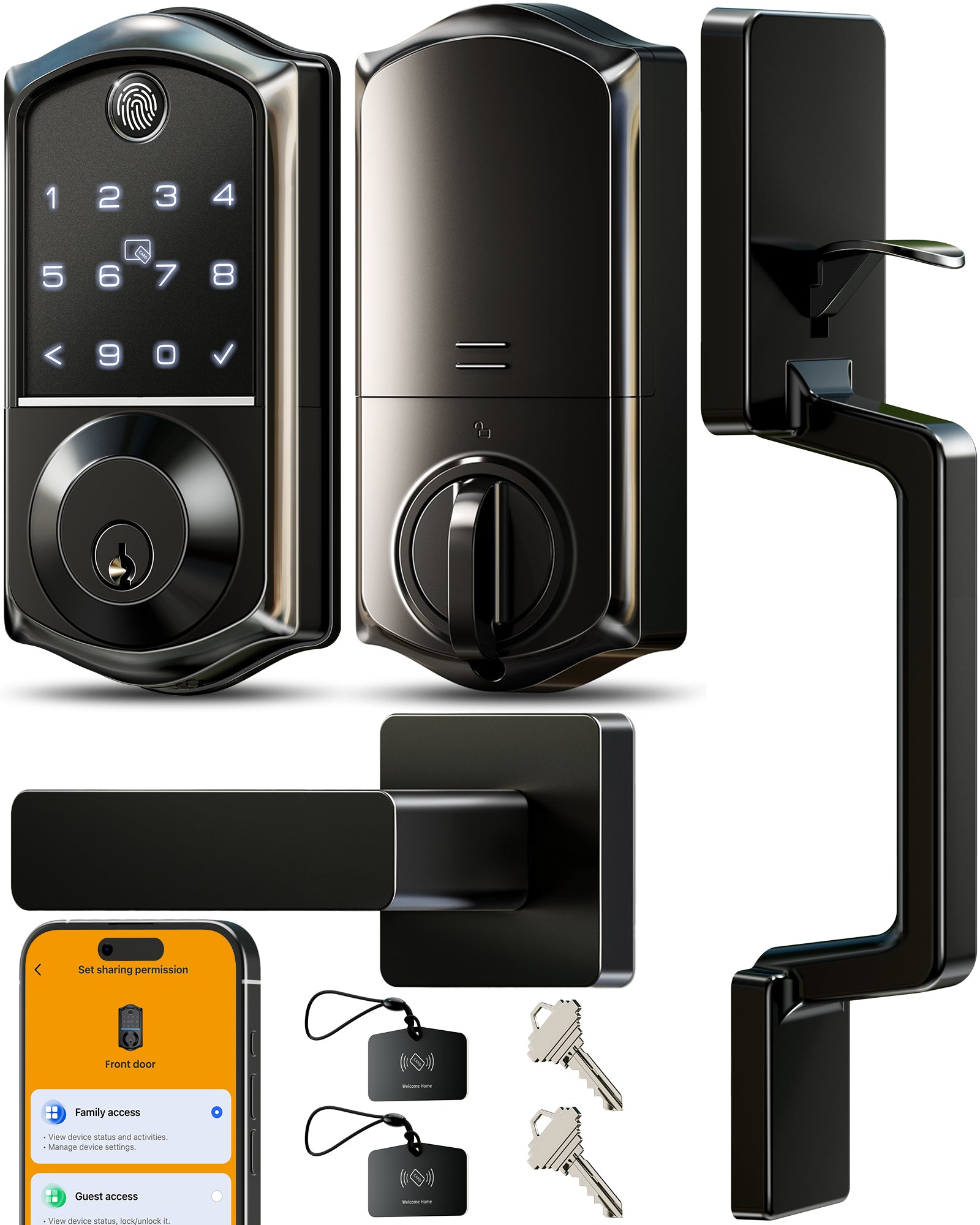 Veise VE017-D Fingerprint Smart Front Door Lock Set, App Control, 7-in-1 Keyless Entry Deadbolt with Lever Handle, Emergency Power Port, Auto Lock, Touchscreen Keypad, Easy Install