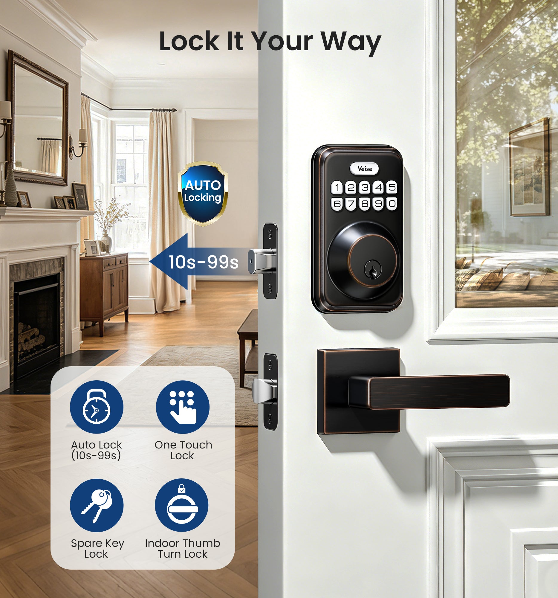 Veise DK01-B Keypad Deadbolt with 2 Lever Handles