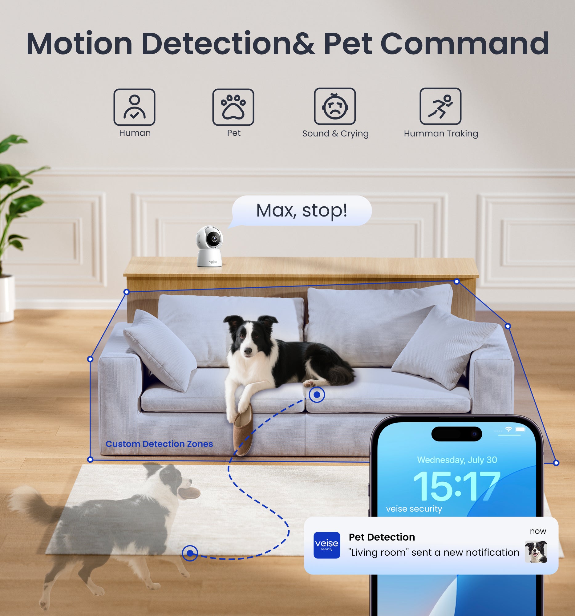 Veise 2K Security Camera Indoor 2.4GHz, 360° Pan/Tilt Cameras for Home Security, Pet & Baby Monitor, Motion Tracking, 2-Way Audio, IR Night Vision, Cloud & SD Card Storage, Works w/Alexa & Google Home