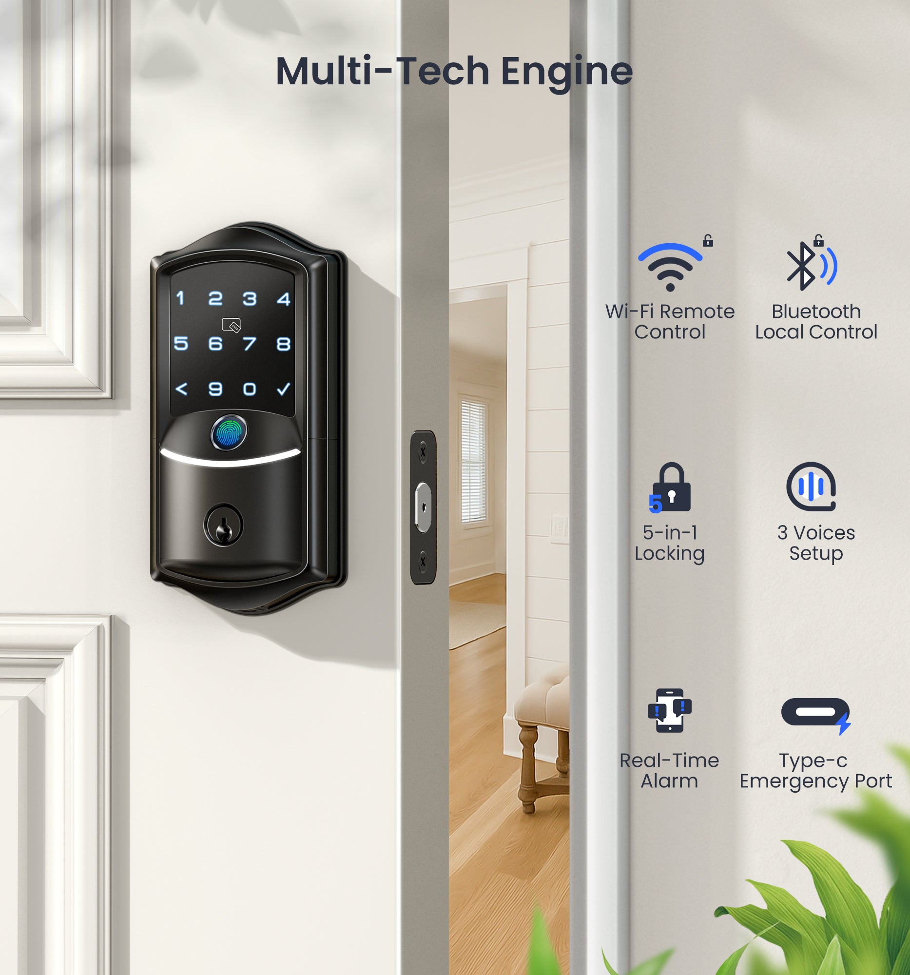 Veise VE027 Built-in Wi-Fi Fingerprint Smart Door Lock, Electronic Digital Keypad Deadbolt, Keyless Entry, App Remote Control, No Bridge Required, IP65 Waterproof, Auto Lock, Matte Black