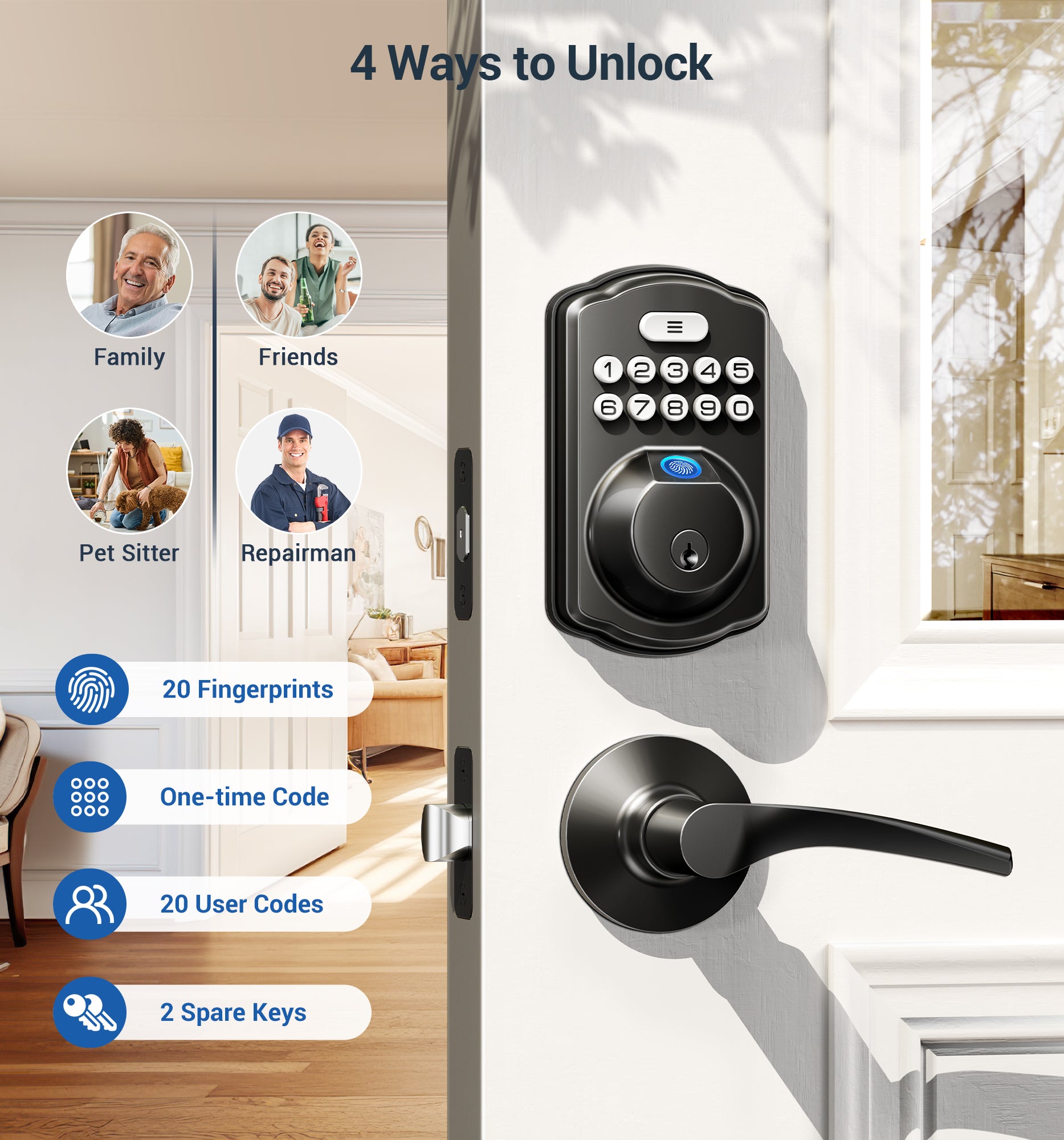 Veise Fingerprint Door Lock with 2 Lever Handles - Keyless Entry Door Lock, Electronic Keypad Deadbolt, Digital Smart Code & Front Handle Sets, Auto-Locking, Easy Installation