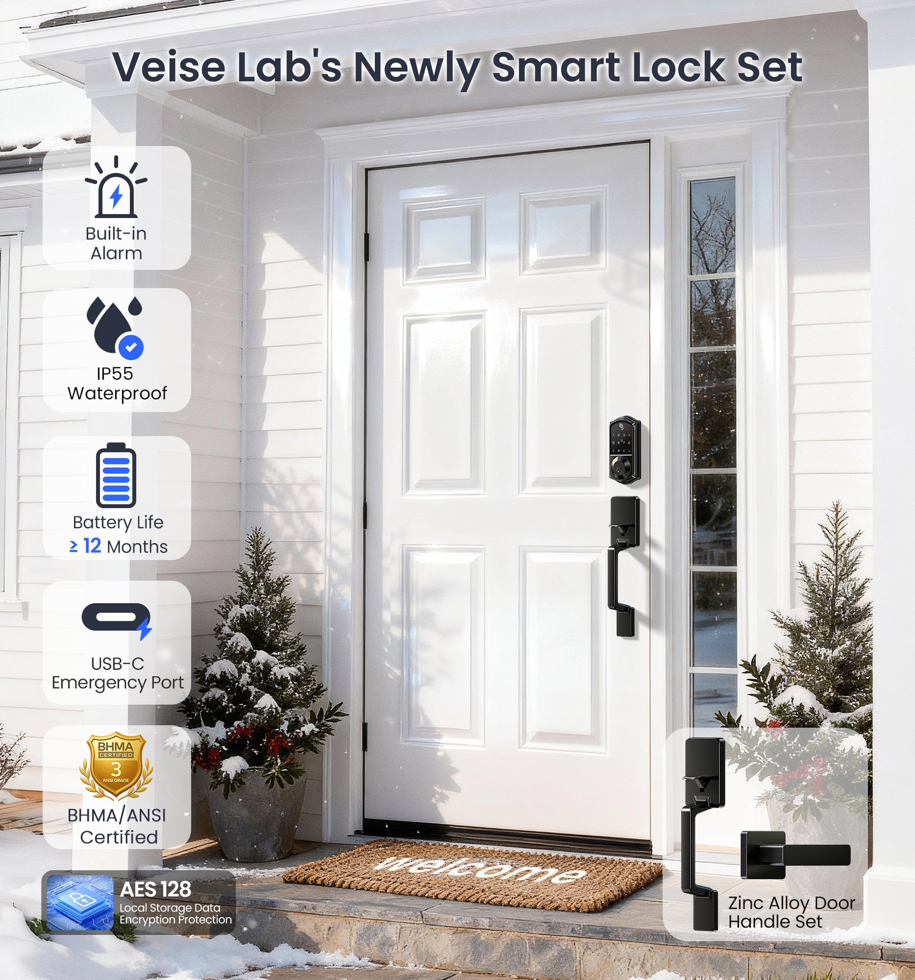 Veise VE017-D Fingerprint Smart Front Door Lock Set, App Control, 7-in-1 Keyless Entry Deadbolt with Lever Handle, Emergency Power Port, Auto Lock, Touchscreen Keypad, Easy Install