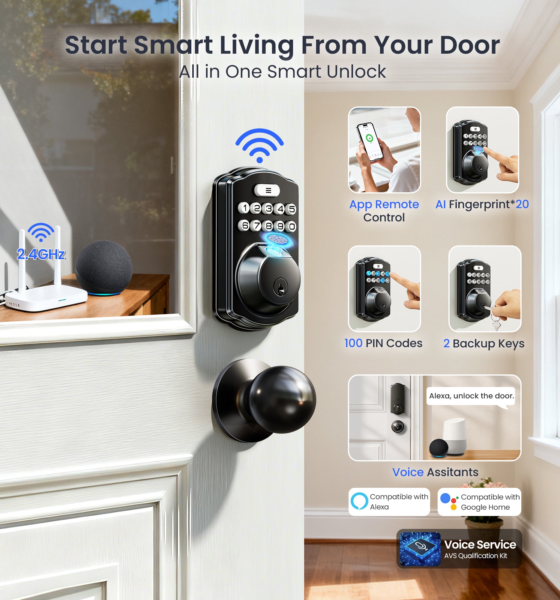 Veise VE012W-K Built-in WiFi Fingerprint Smart Lock with 2 Knobs