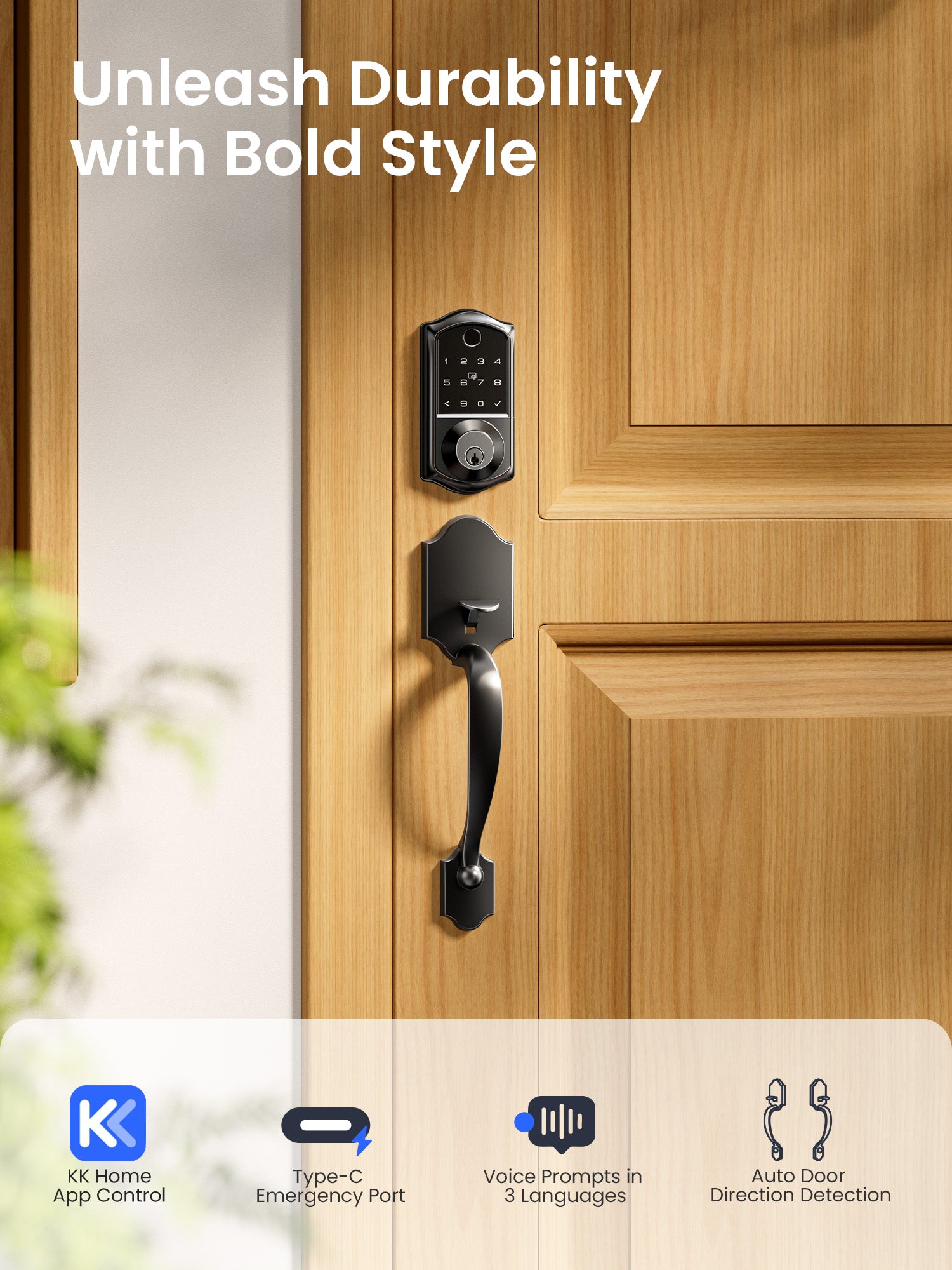 Veise VE017-H Fingerprint Smart Front Door Lock Set, App Control, Keyless Entry Door Lock with Handle, Smart Deadbolt, Emergency Power Port, Digital Touchscreen Keypad, Auto Lock, Easy Install, Matte Black