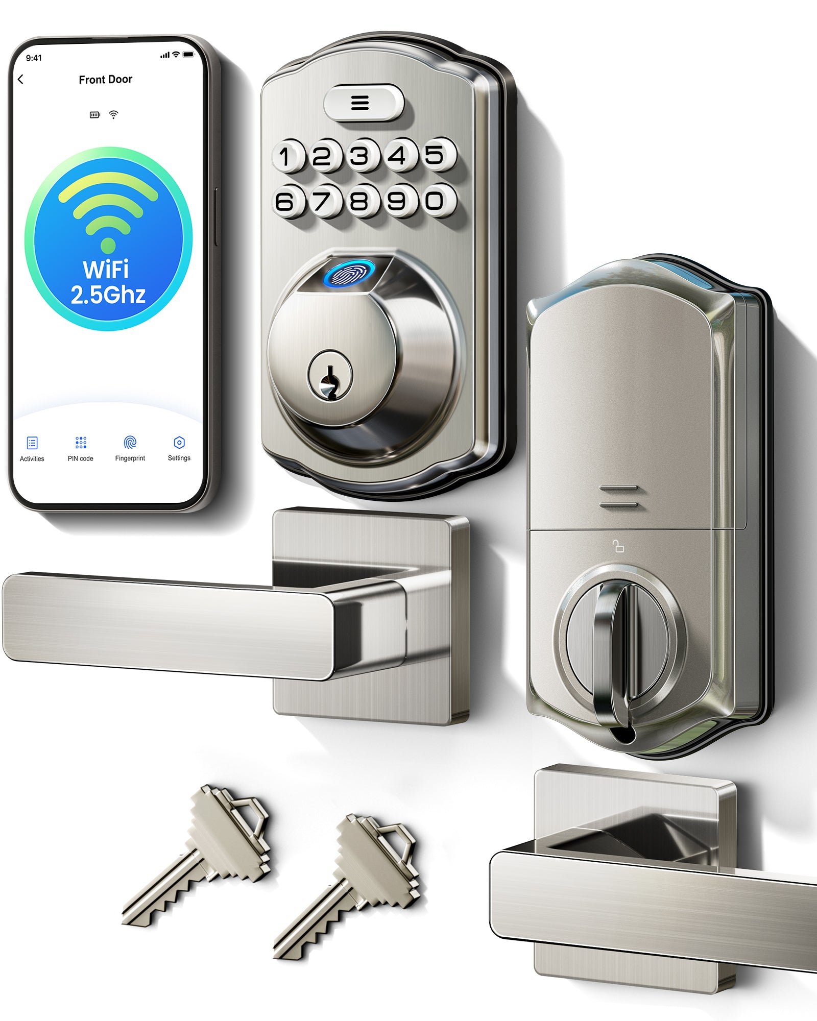 Veise VE012W-L Built-in WiFi Fingerprint Smart Lock with Level Handle Set, App Remote Control, Digital Backlit Keypad Deadbolt, Keyless Entry for Front Door, Voice Assistant, Auto Lock