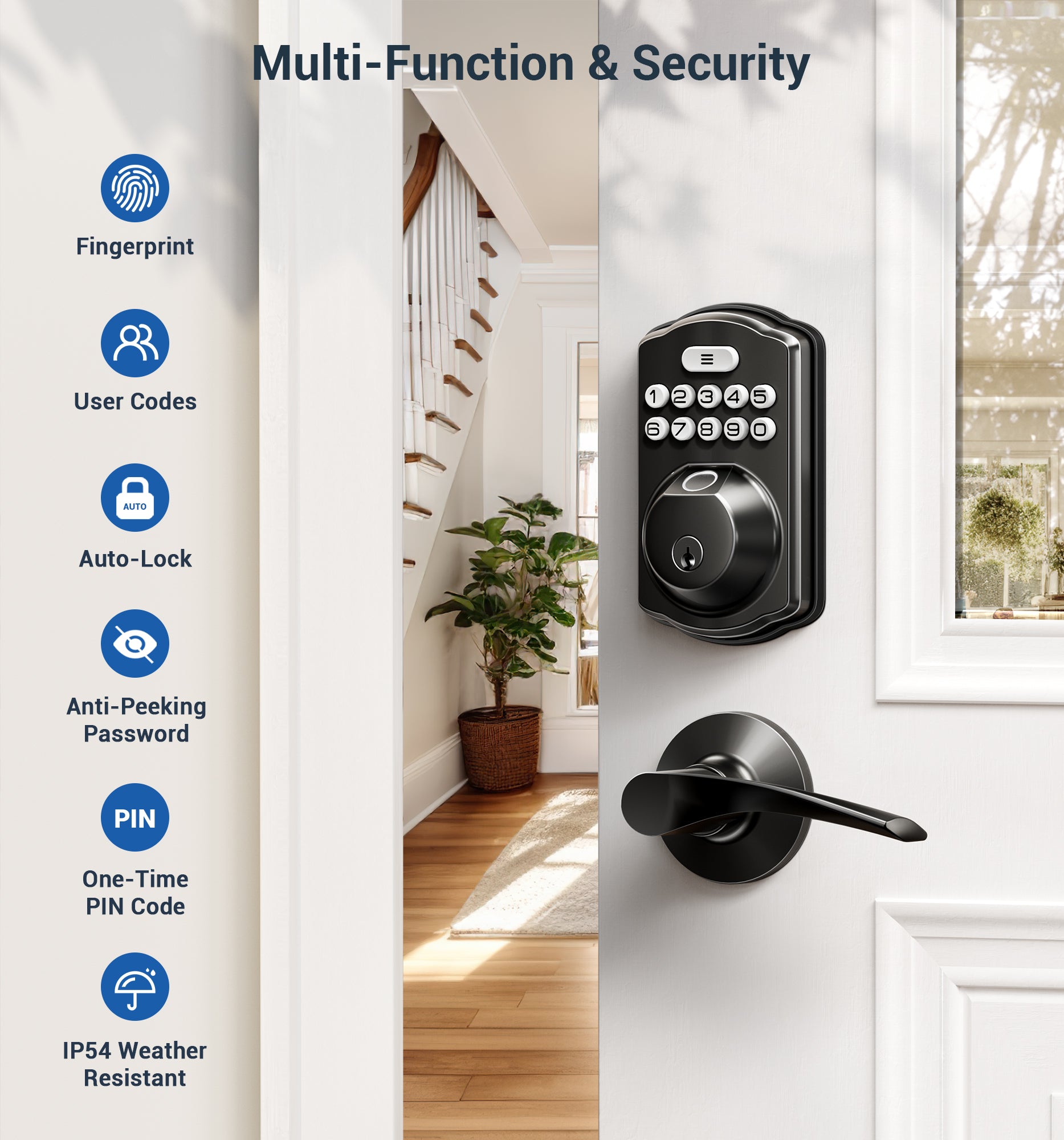 Veise Fingerprint Door Lock with 2 Lever Handles - Keyless Entry Door Lock, Electronic Keypad Deadbolt, Digital Smart Code & Front Handle Sets, Auto-Locking, Easy Installation