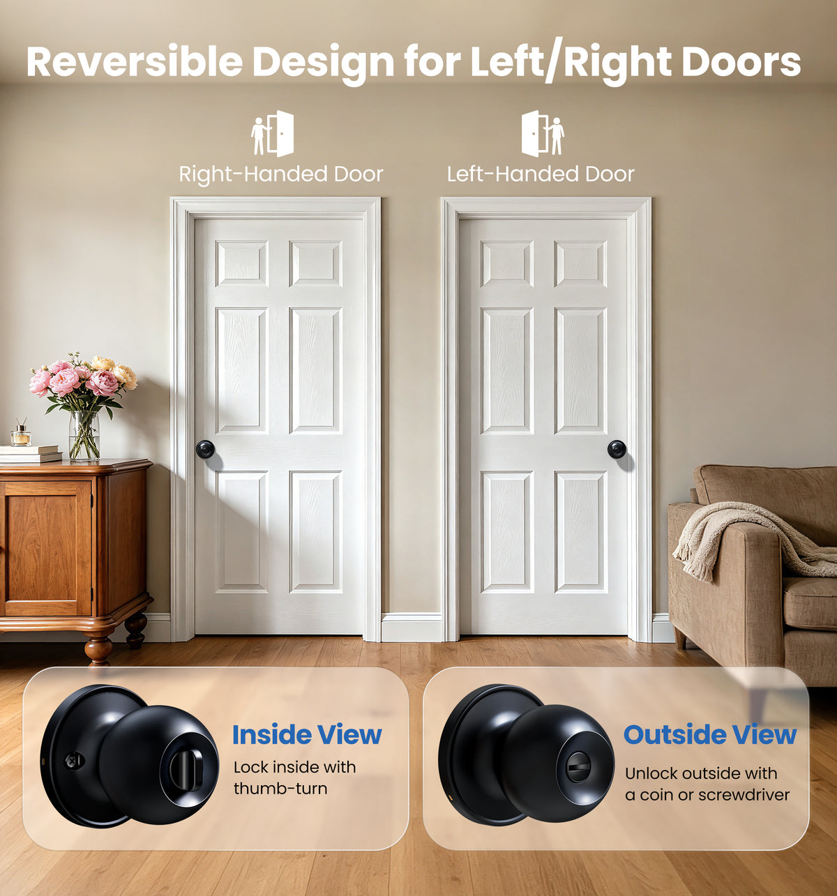 Veise KF06  Privacy Door Knobs Set, Keyless Interior Door Locks for Bedroom & Bathroom
