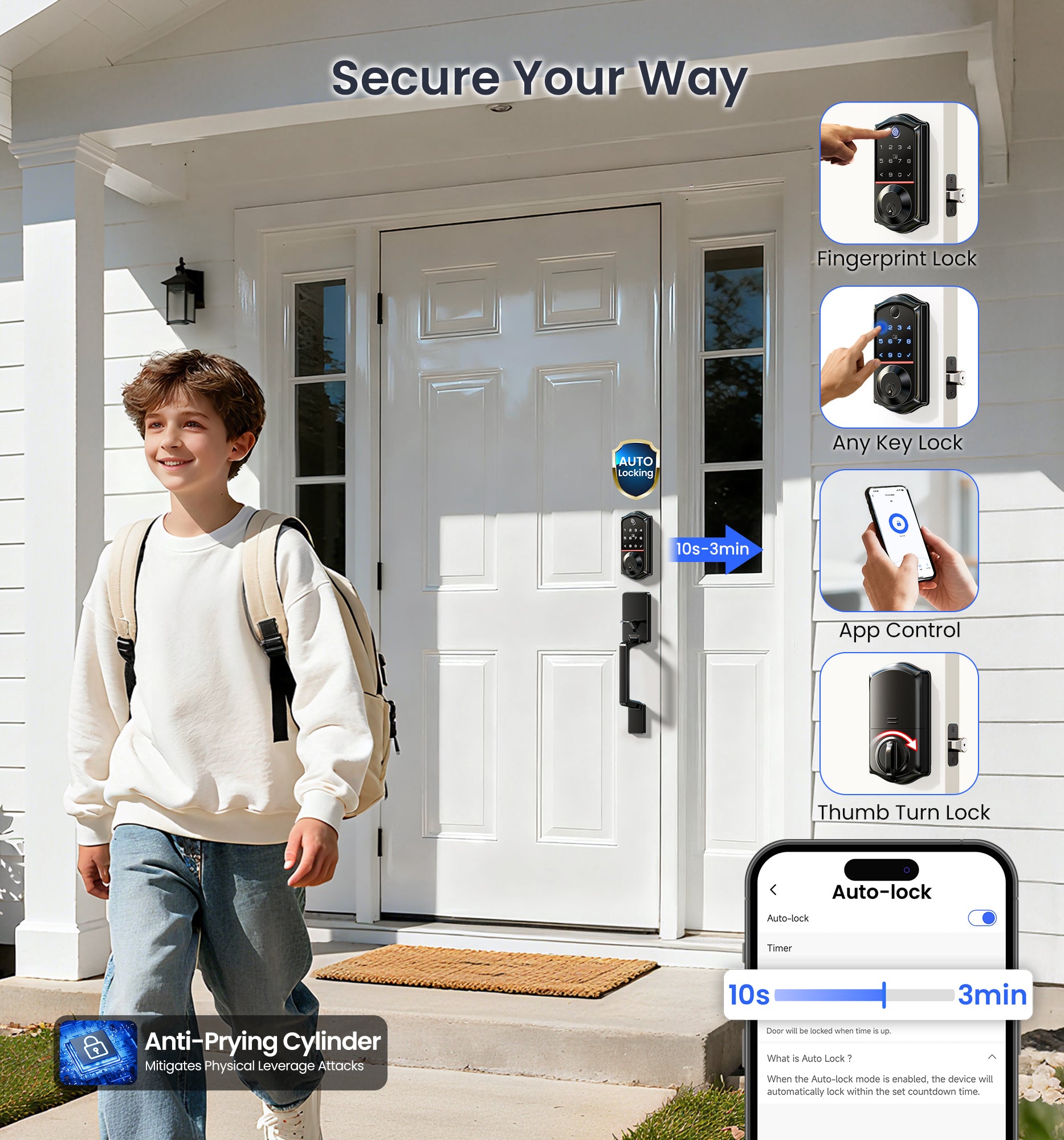 Veise VE017-D Fingerprint Smart Front Door Lock Set, App Control, 7-in-1 Keyless Entry Deadbolt with Lever Handle, Emergency Power Port, Auto Lock, Touchscreen Keypad, Easy Install