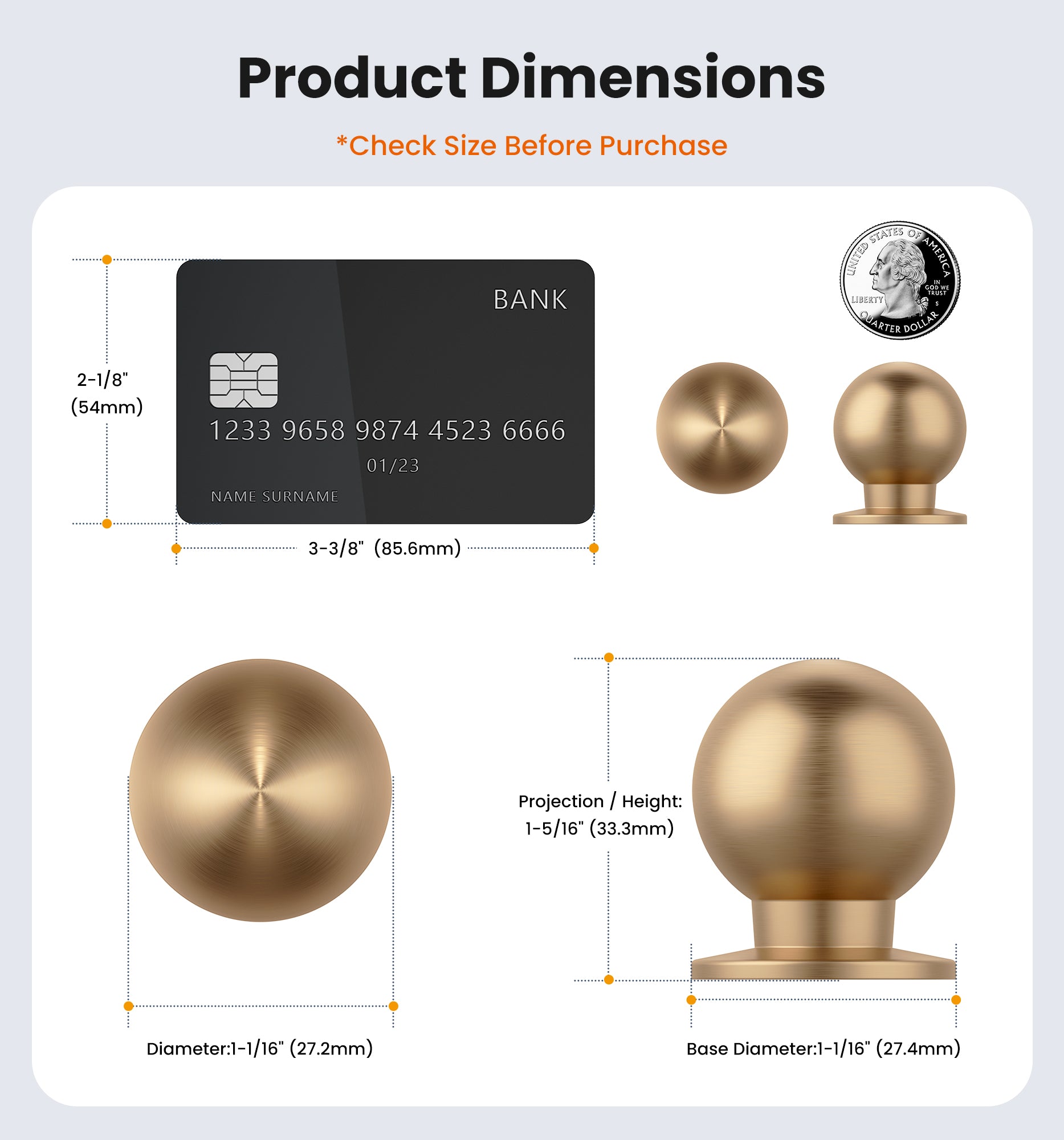 Veise NK-AL02 1-1/16 Inch Round Ball Cabinet Knobs, Solid Aluminum Alloy, Champagne Bronze