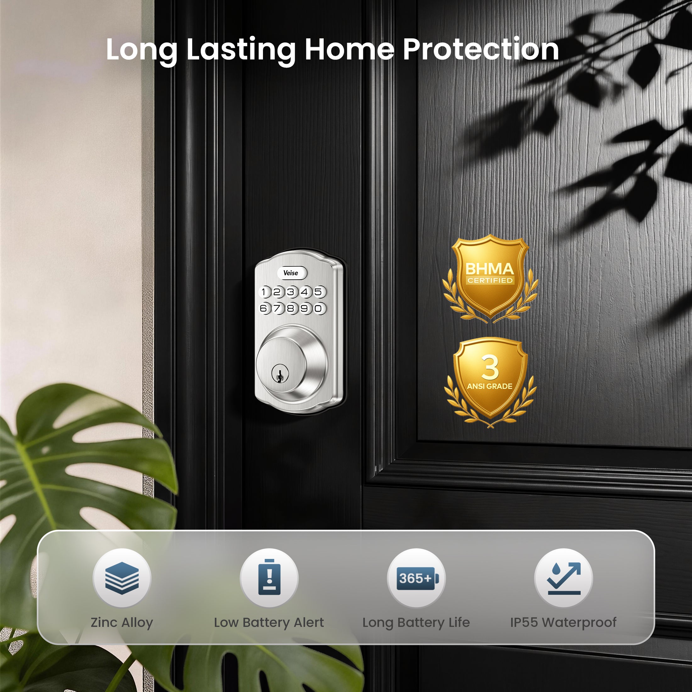 Veise KS01 Electronic Keypad Deadbolt Door Lock, Easy Installation, Aluminum, Zinc Materials, Satin Nickel-W