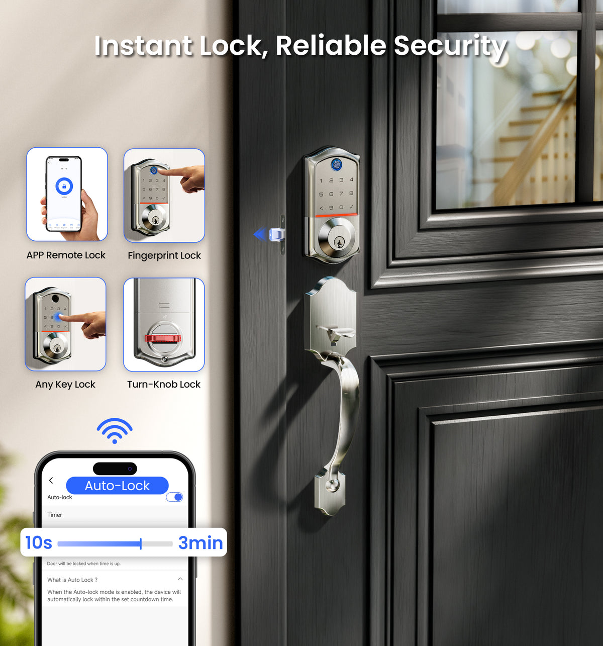 Veise VE017G-H Wi-Fi Smart Fingerprint Front Door Lock Set #Color_Satin Nickel