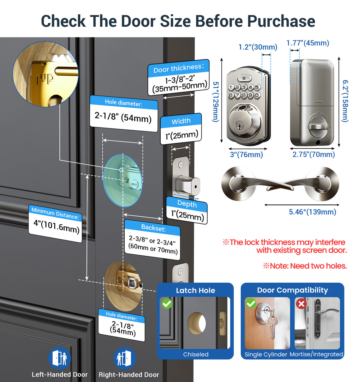 Veise KS02B Fingerprint Deadbolt Lock with Levers #Color_Satin Nickel