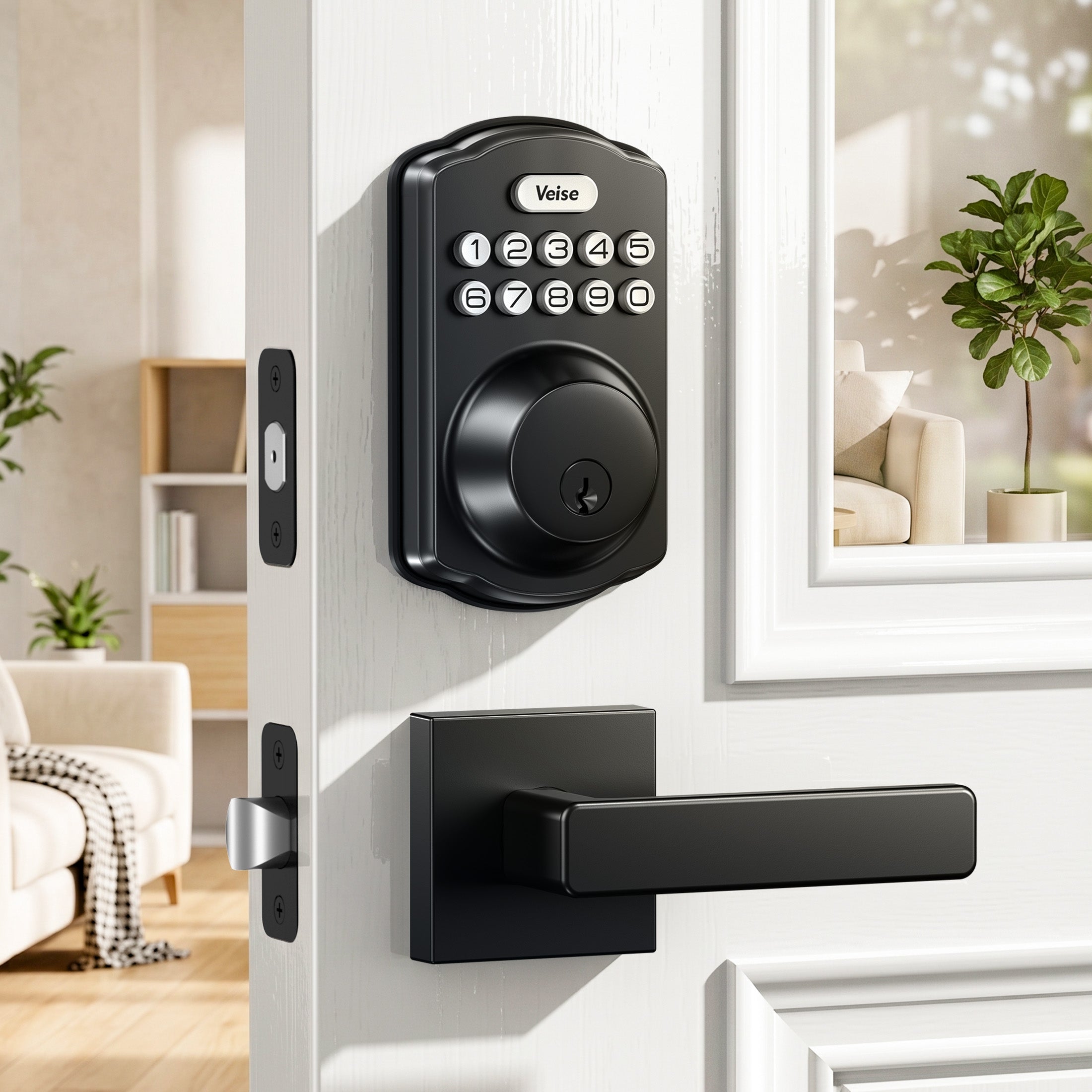 Veise KS01-L Keyless Entry Door Lock with 2 Lever Handles Set, Electronic Keypad Deadbolt, Easy Installation Digital Smart Door Lock Set, Matte Black