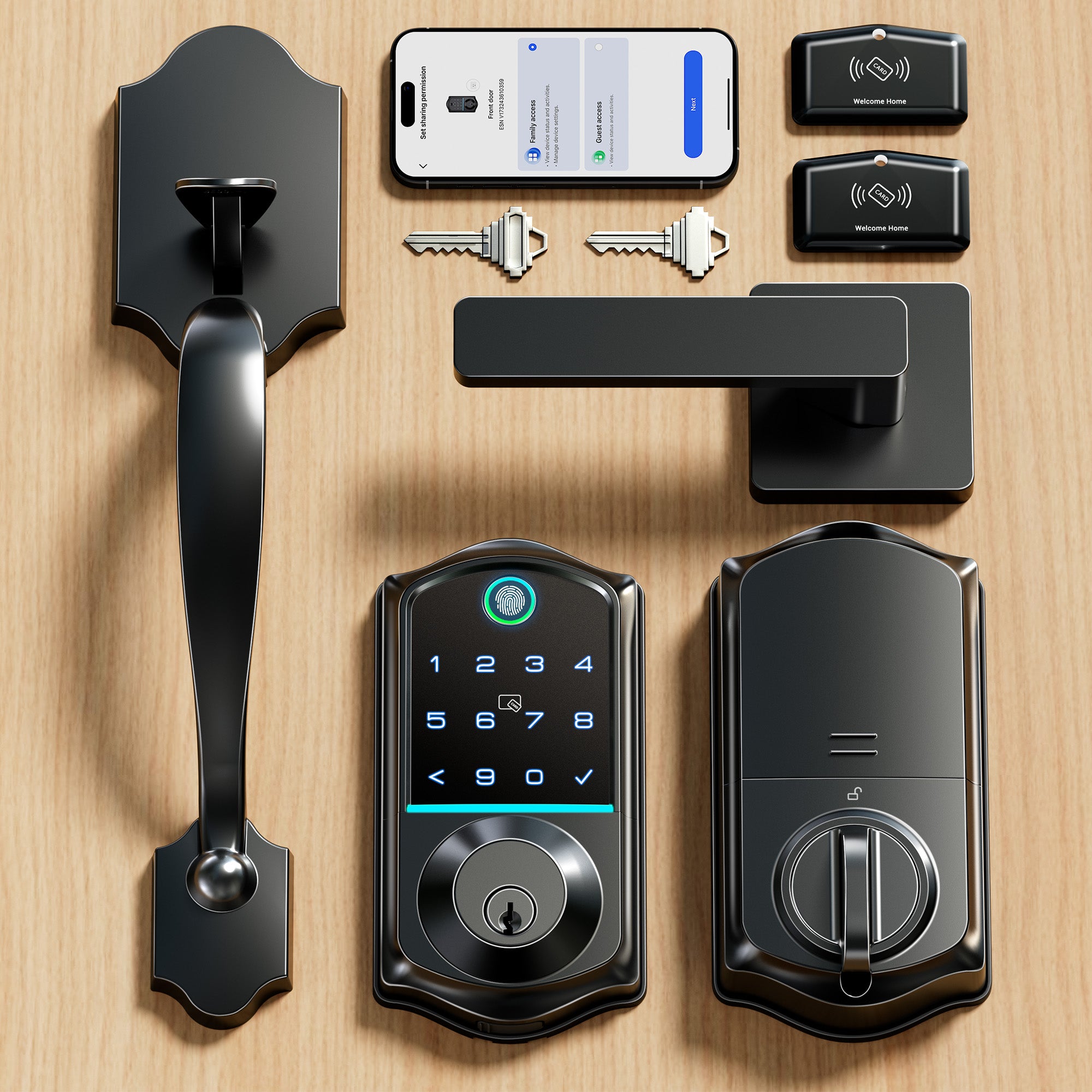 Veise VE017-H Fingerprint Smart Front Door Lock Set, App Control, Keyless Entry Door Lock with Handle, Smart Deadbolt, Emergency Power Port, Digital Touchscreen Keypad, Auto Lock, Easy Install, Matte Black