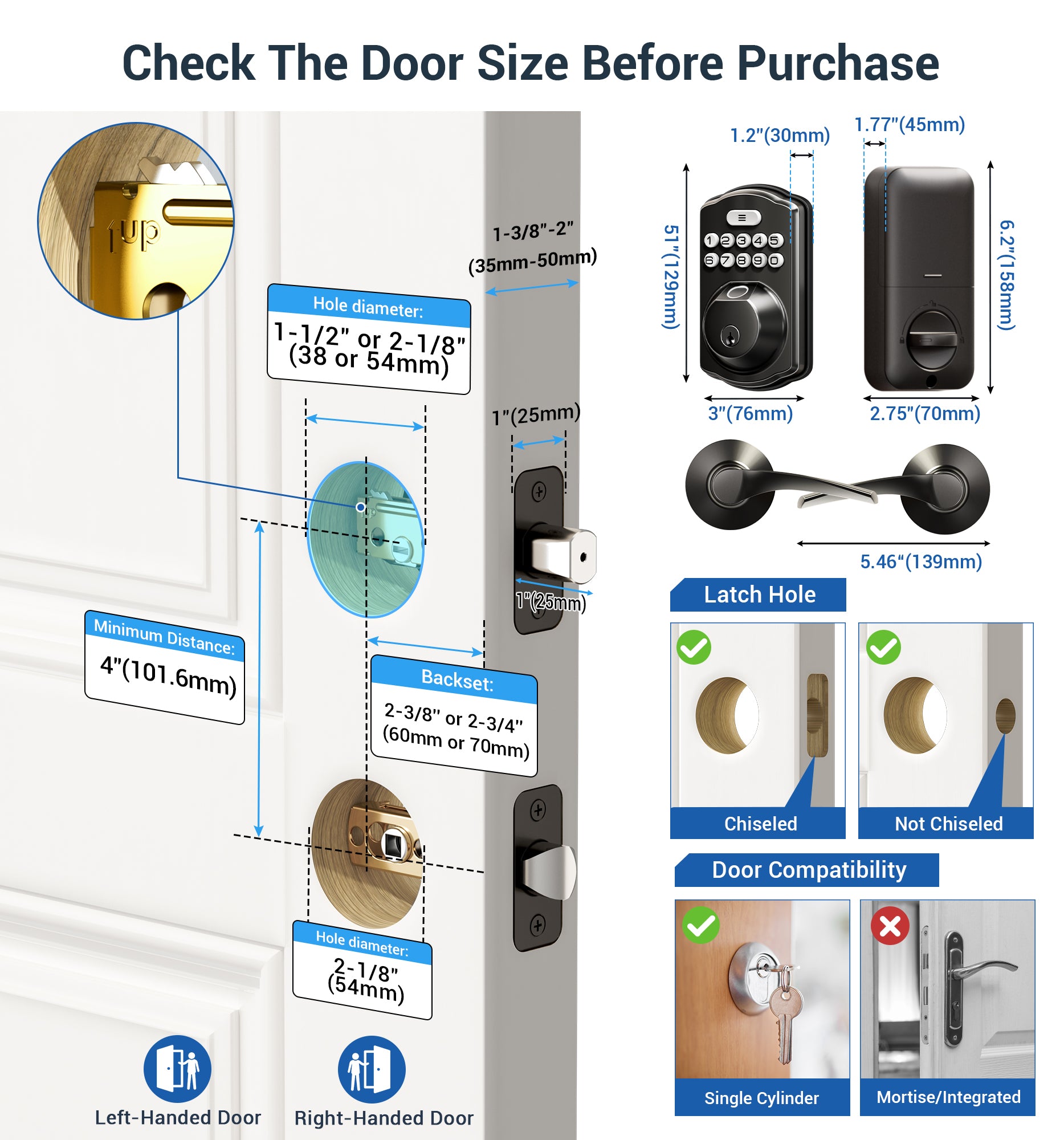 Veise Fingerprint Door Lock with 2 Lever Handles - Keyless Entry Door Lock, Electronic Keypad Deadbolt, Digital Smart Code & Front Handle Sets, Auto-Locking, Easy Installation