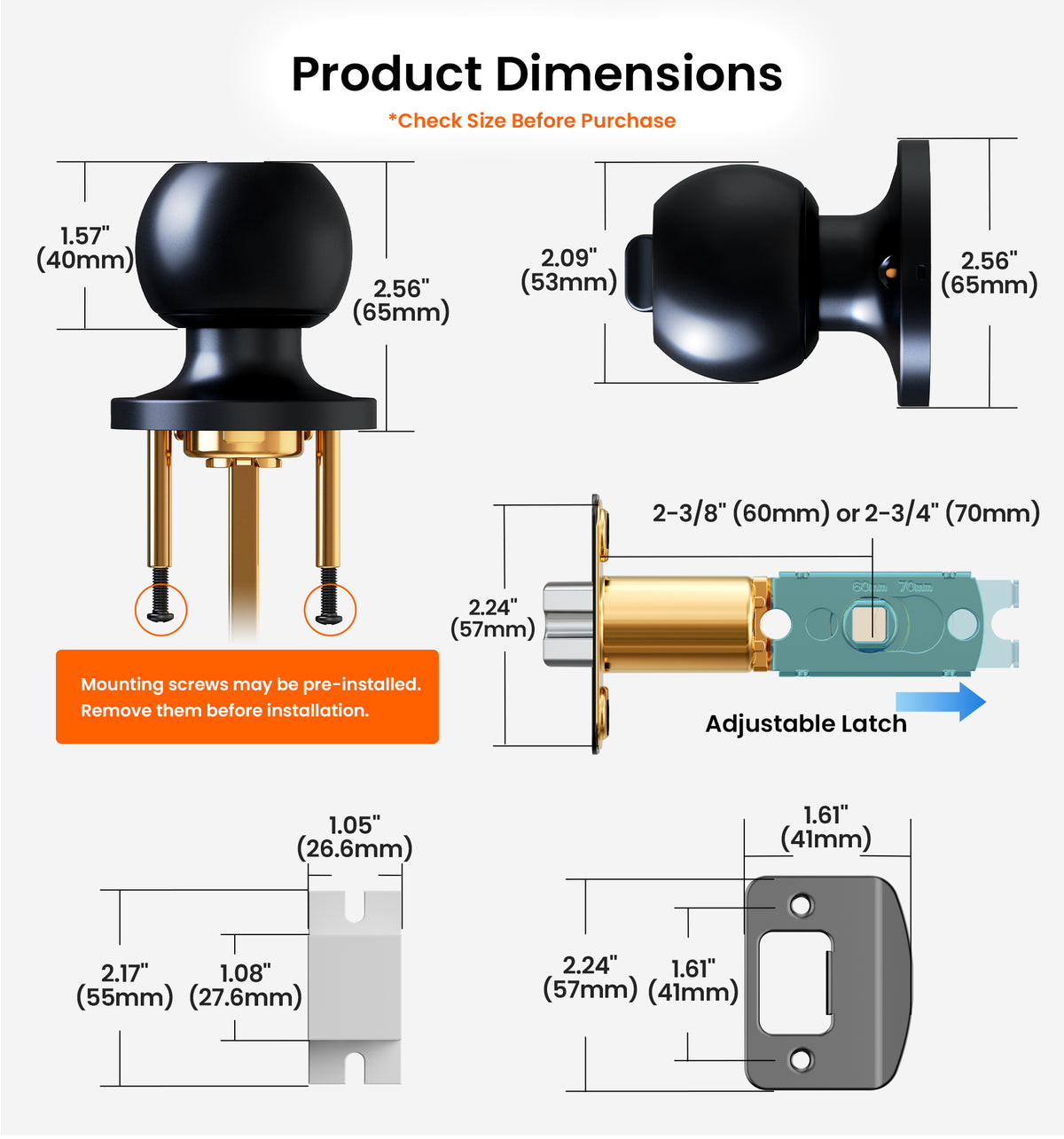 Veise KF06  Privacy Door Knobs Set, Keyless Interior Door Locks for Bedroom & Bathroom