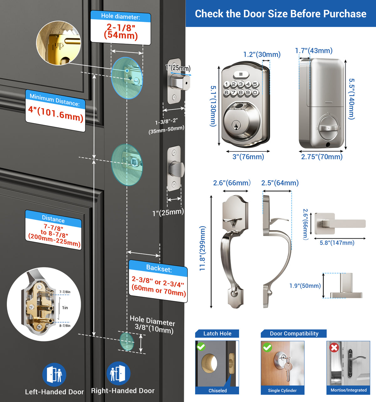 Veise KS02D Fingerprint Door Lock with Handle Set #Color_Satin Nickel