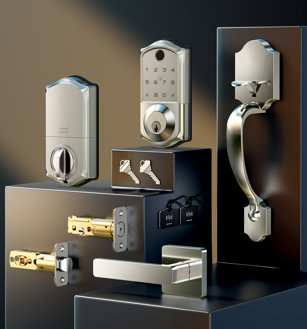 Veise VE017-H Fingerprint Smart Lock with Handle Set #Color_Satin Nickel