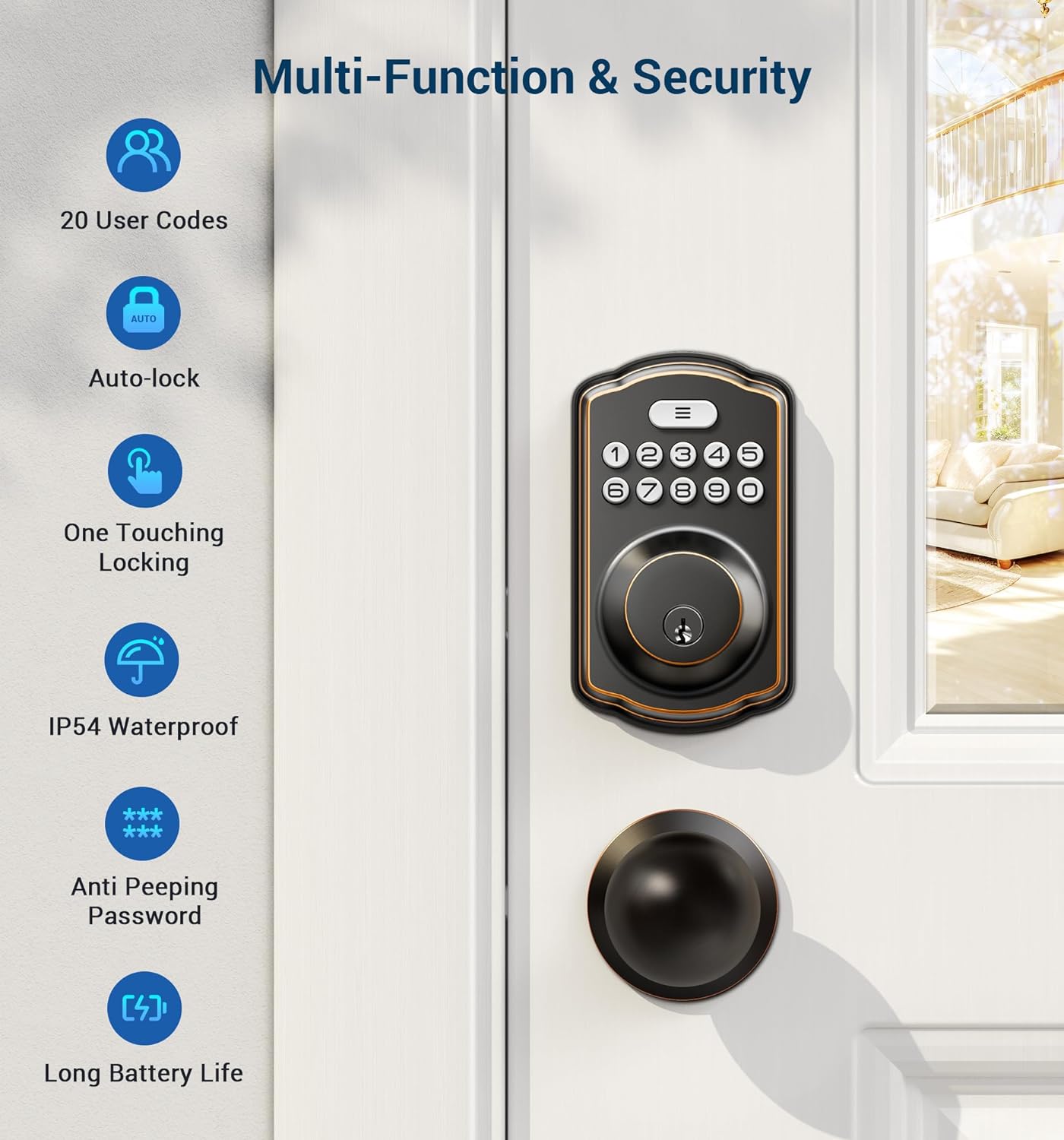 Veise KS01C Keyless Entry Door Lock with 2 Door Knobs - Keypad Door Lock with Handle, Front Door Lock Set, Electronic Keypad Deadbolt Smart Lock, Auto Lock, Easy Installation