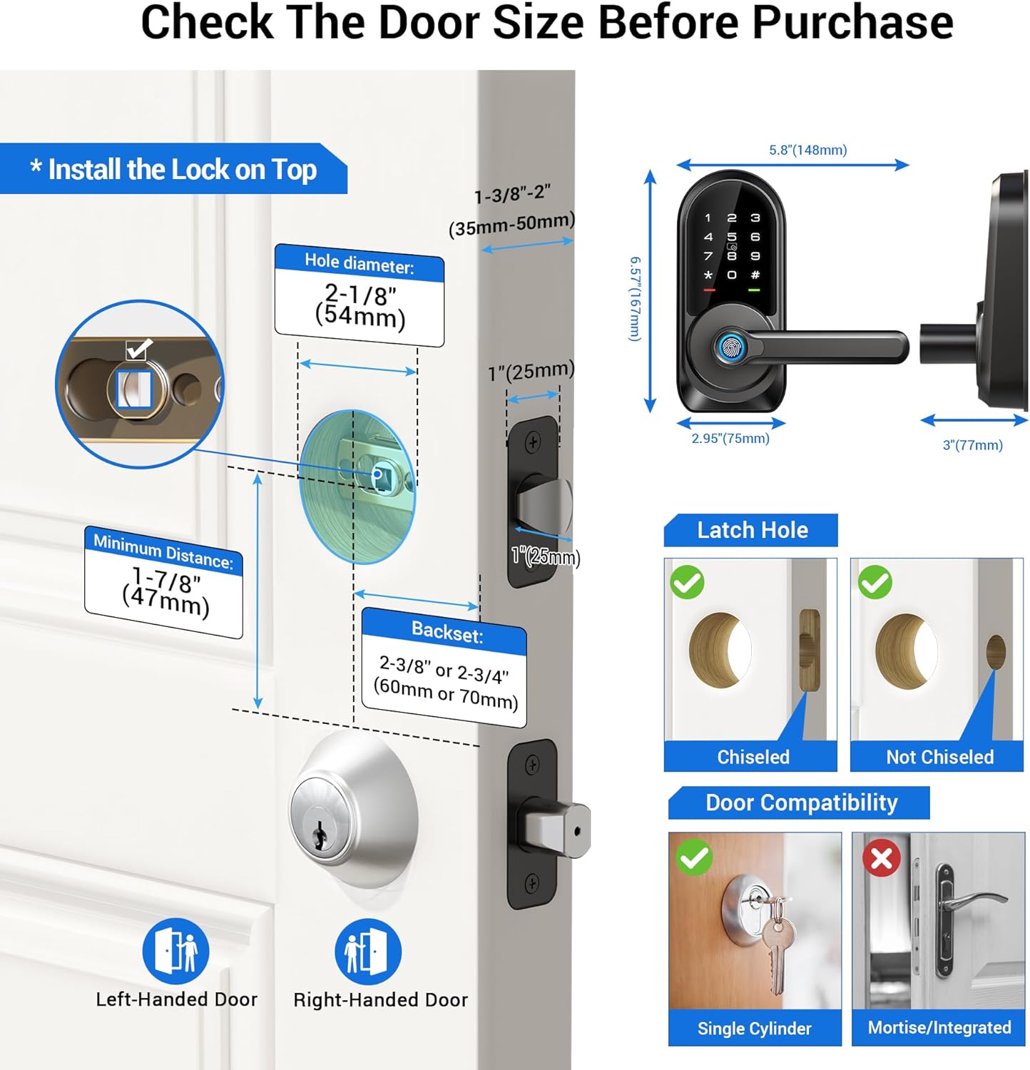 Veise RZ09 Smart Lock, Keyless Entry Door Lock with Handle, APP Control Fingerprint Door Lock, 7-in-1 Smart Locks for Front Door, Electronic Digital Lock with Keypad, Front Door Lock Set