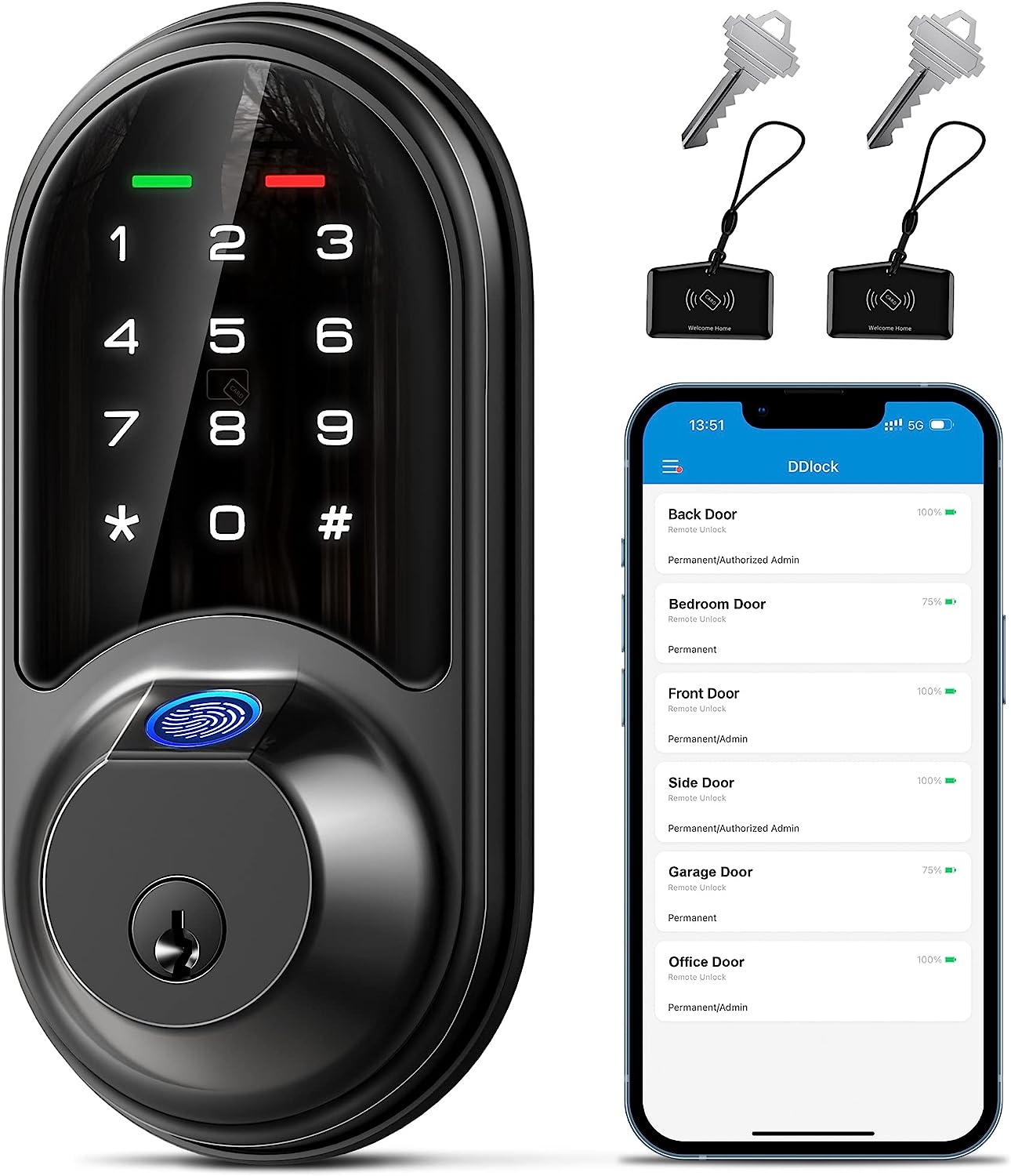 Veise RZ07 Smart Lock, Fingerprint Door Lock, 7-in-1 Keyless Entry Door Lock with App Control, Electronic Touchscreen Keypad, Smart Deadbolt, Biometric Smart Locks for Front Door