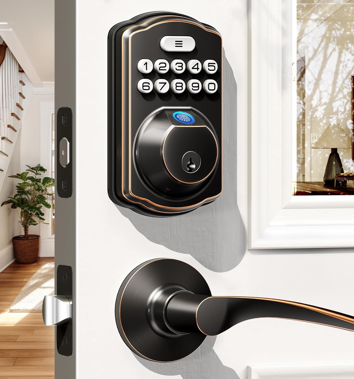 Veise KS02B Fingerprint Door Lock with 2 Lever Handles - Keyless Entry Door Lock, Electronic Keypad Deadbolt, Front Door Lock Handle Sets, Auto Lock & 1 Touch Locking, Easy Installation