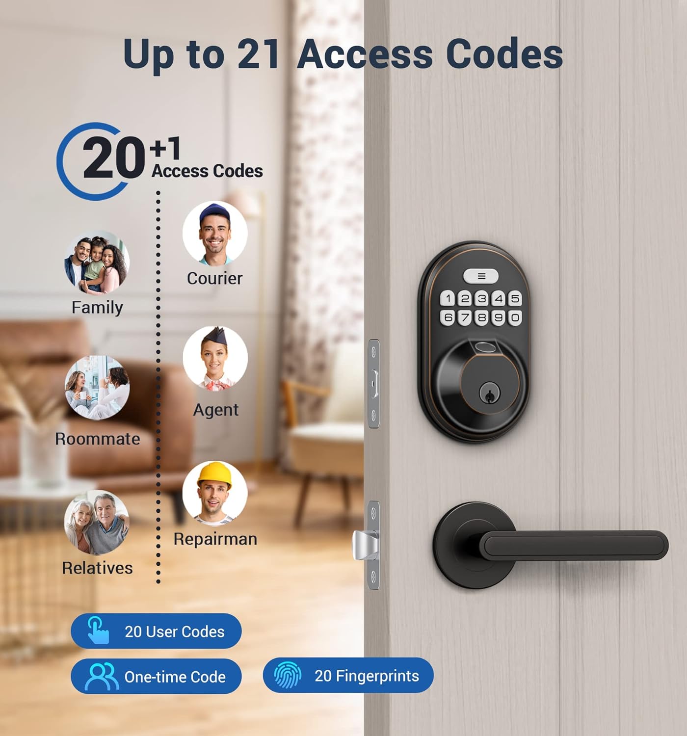 Veise RZ02A Fingerprint Door Lock, Keyless Entry Lock Keypad Deadbolt with 20 Fingerprint, Anti Peeping Password, Auto Keyed Entry, Smart Locks for Front Door, Easy Install