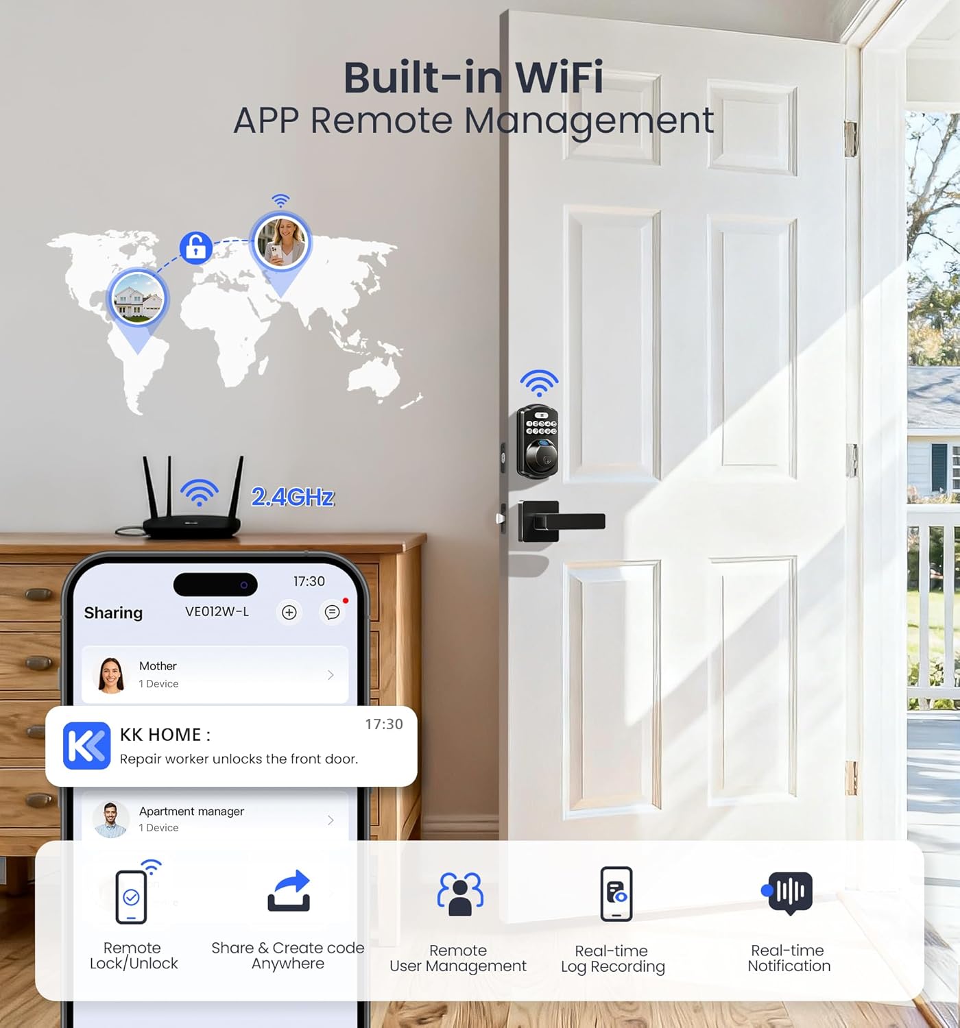 KK Home app showing remote lock access, user sharing, real-time notifications, and activity log for VE012W-L