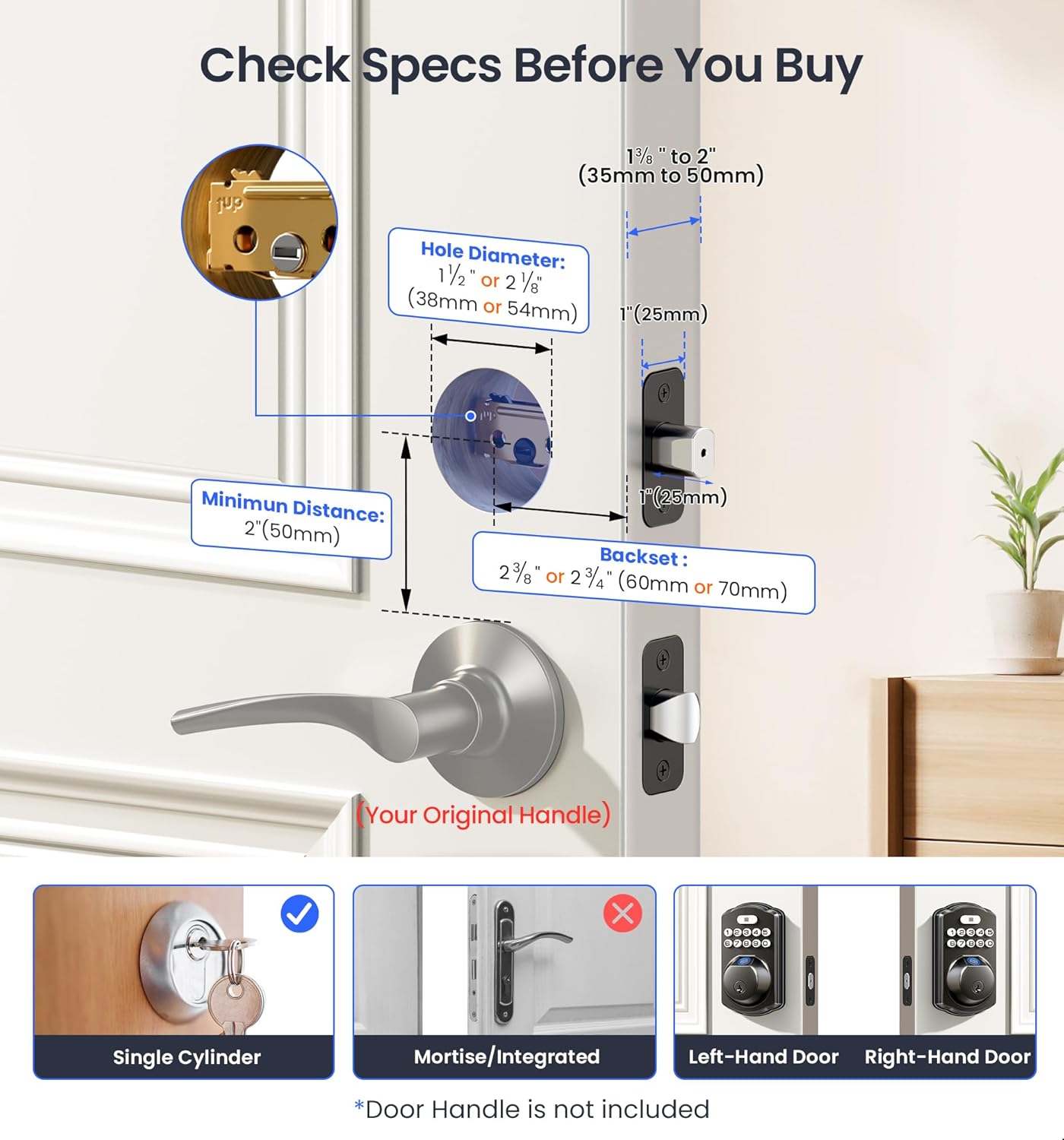 Fits doors 1-3/8" to 2" thick, 2-1/8" hole, 2-3/8" or 2-3/4" backset, chiseled and non-chiseled compatible, single cylinder only.