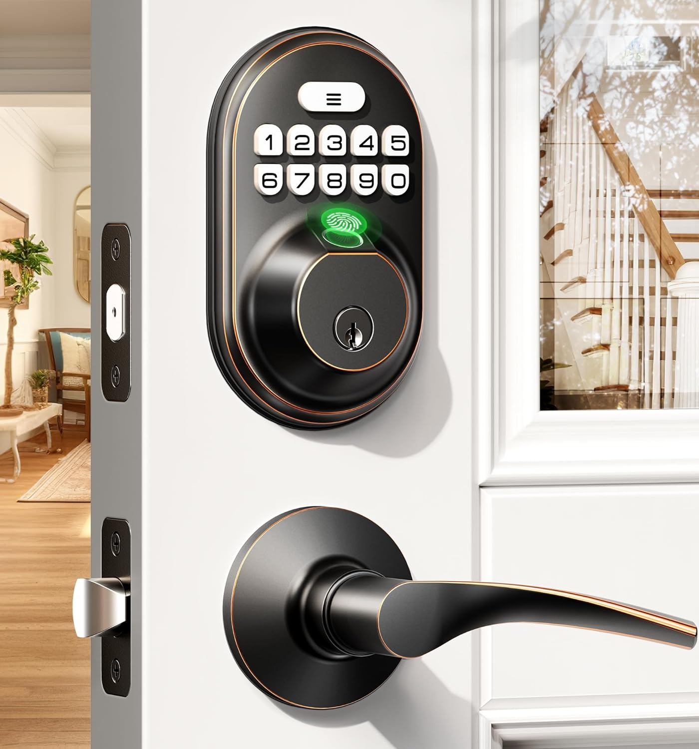 Veise RZ02B Fingerprint Door Lock with 2 Lever Handles - Keyless Entry Door Lock, Keypad Door Lock with Handle, Electronic Deadbolt Front Door Lock Set, Auto Lock, Easy Installation
