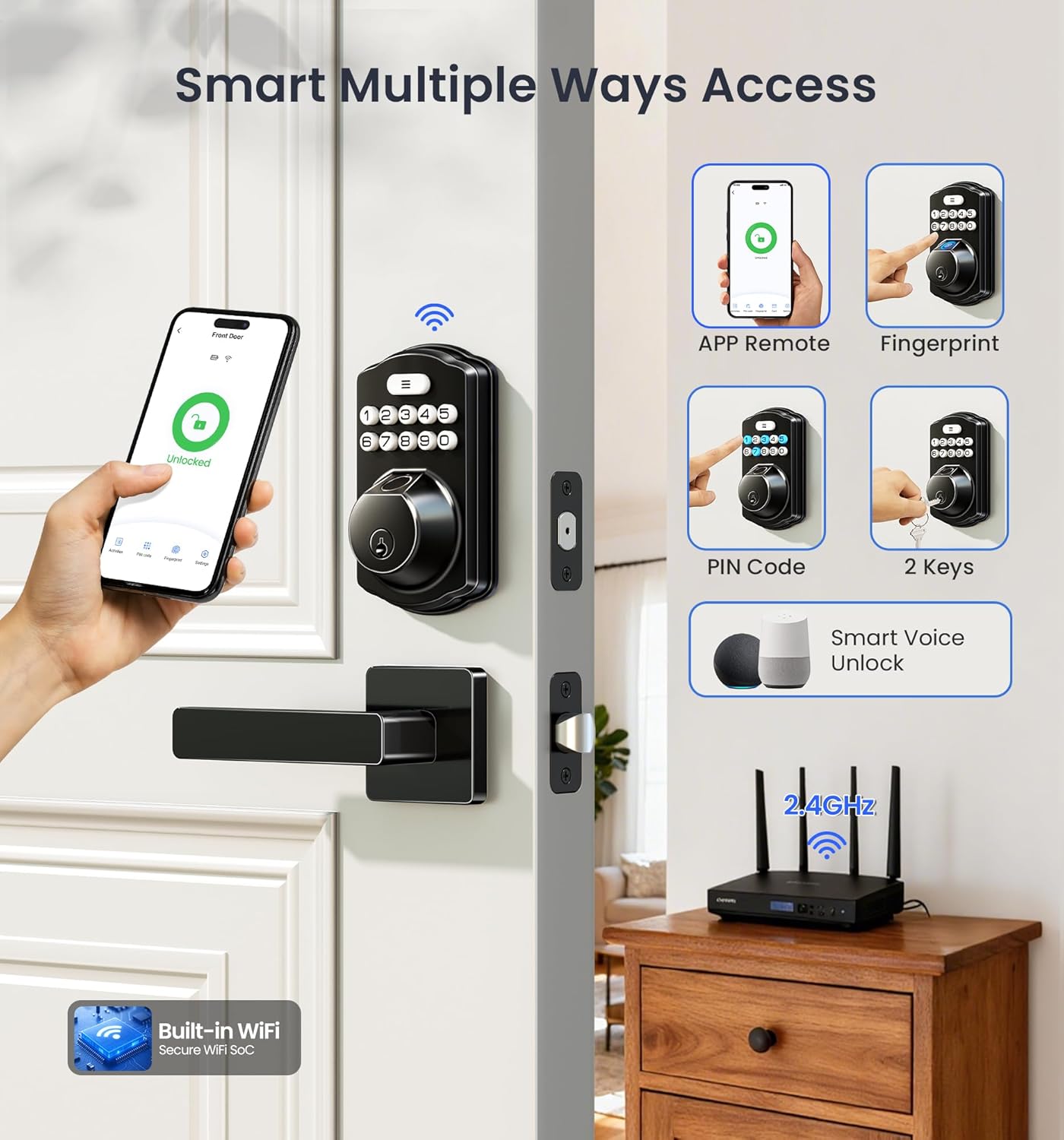 Entry via app, fingerprint, PIN code, physical key, and voice on VE012W-L with built-in 2.4GHz Wi-Fi