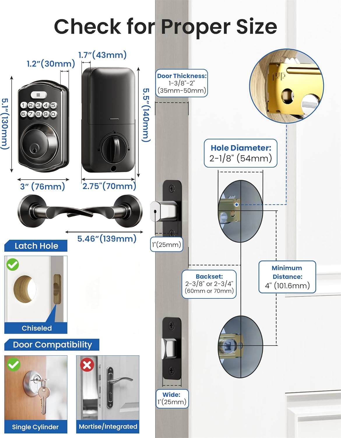 Veise  KS01B Keyless Entry Door Lock with Handle, Keypad Deadbolt Smart Lock for Home Front Door-W