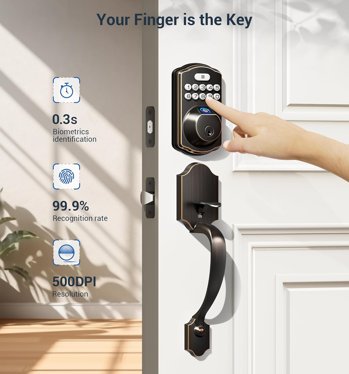 Veise KS02D Fingerprint Door Lock Set, Keyless Entry Door Lock, Front Door Handle Sets, Electronic Keypad Deadbolt with Lever Handle, 2 Keys, Auto Lock, Code Door Lock, Easy Install