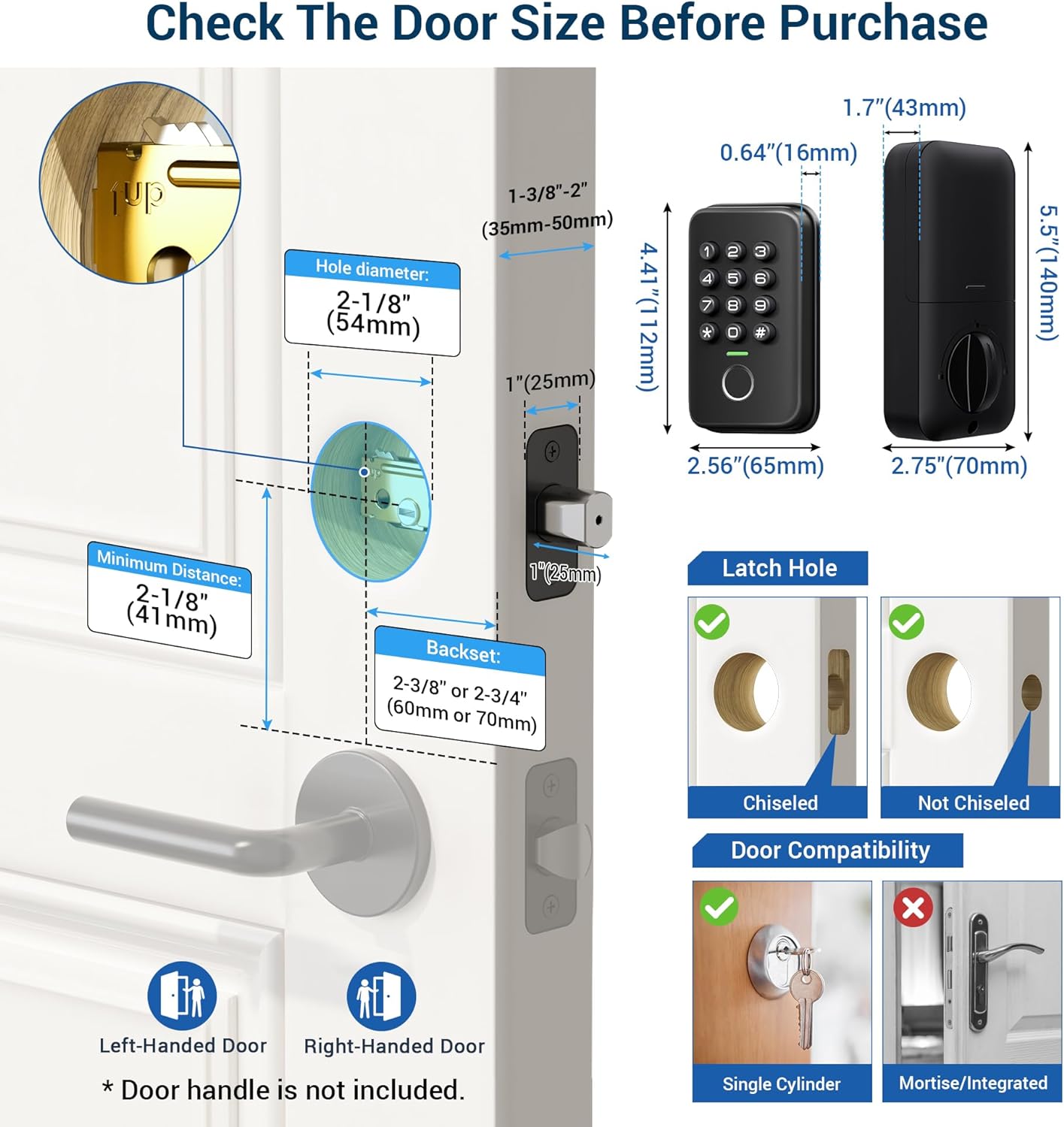 Veise VS02 Fingerprint Door Lock, Keyless Entry Door Lock with Biometric Deadbolt, Electronic Deadbolt Lock for Front Door, Backlit Keypad, Type-C Charger Port Backup Power, Auto-Lock, Easy Install