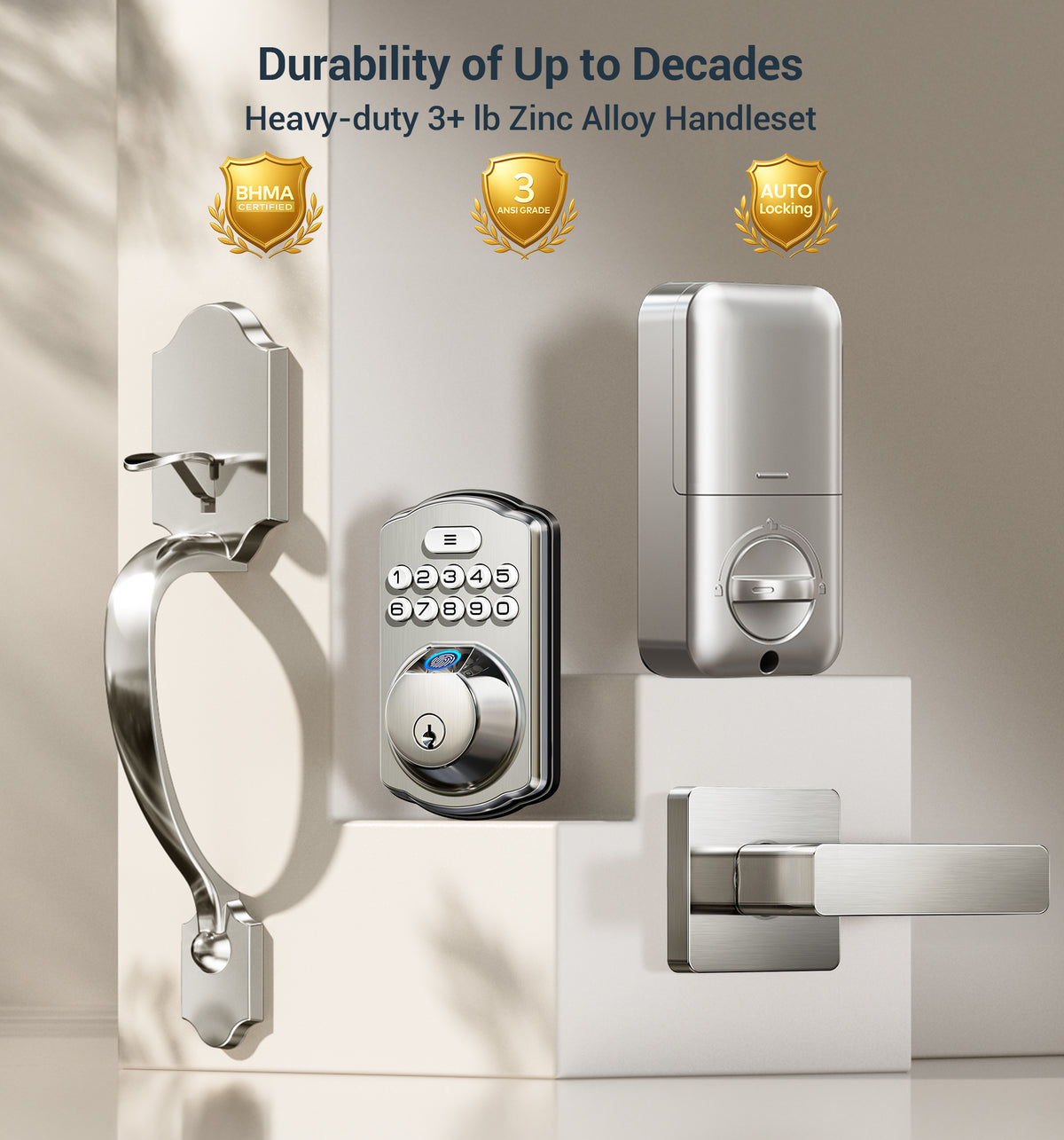 Veise KS02D Fingerprint Door Lock with Handle Set #Color_Satin Nickel