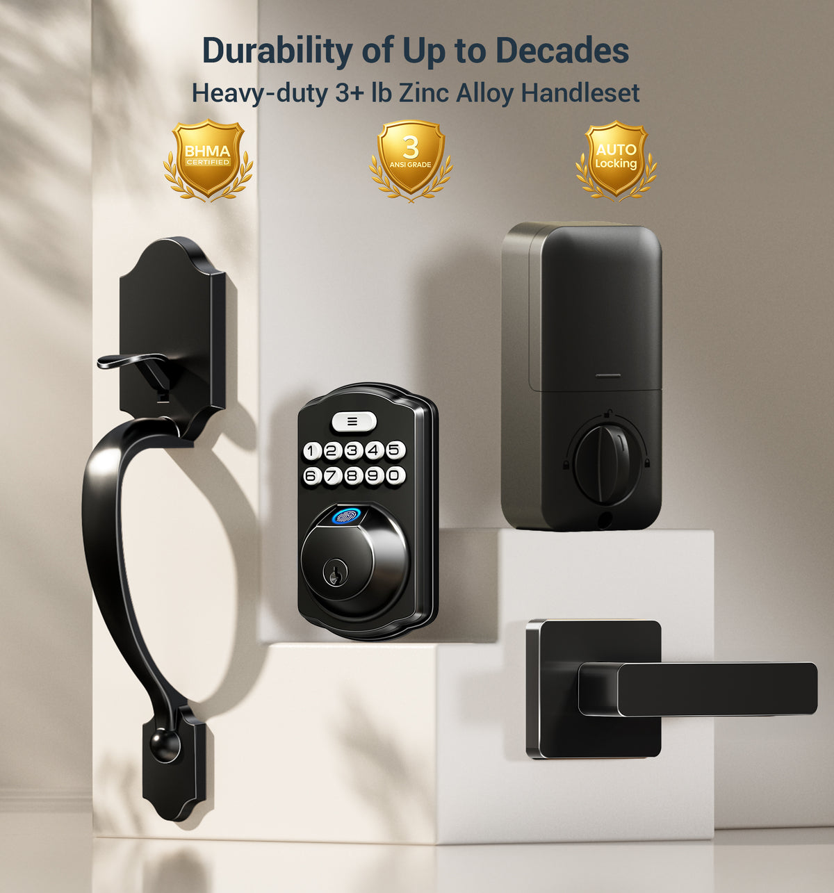 Veise KS02D Fingerprint Door Lock with Handle Set #Color_Matte Black