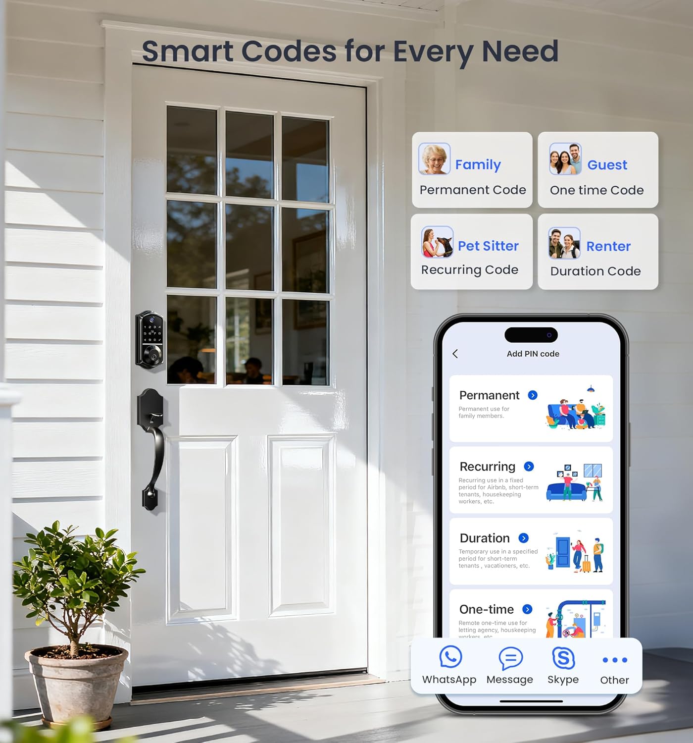 Assign permanent codes to family, one-time codes to guests, recurring codes to pet sitters, and duration codes to renters — all managed in KK Home App.