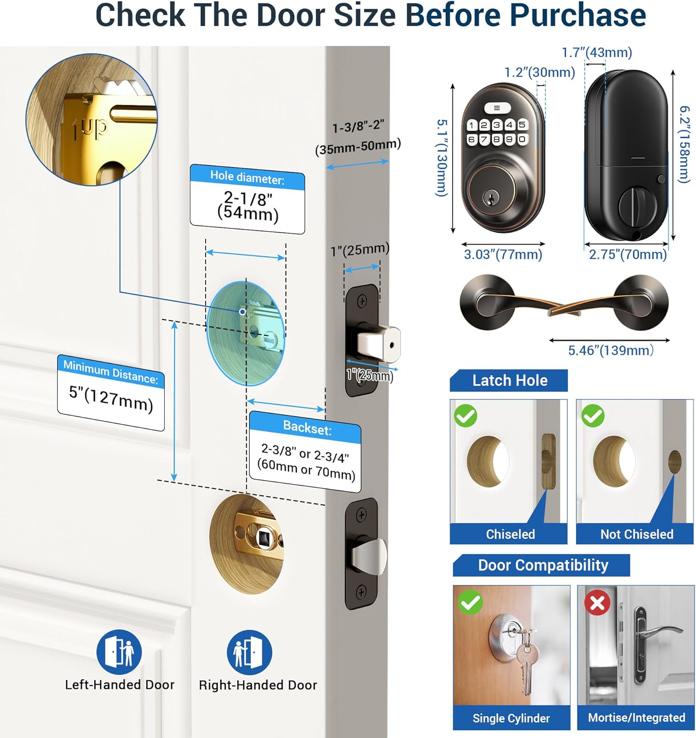 Veise RZ-C Keyless Entry Door Lock with 2 Lever Handles - Electronic Keypad Deadbolt, Auto Lock, Back Lit & Easy Installation Design, Front Door Handle Sets