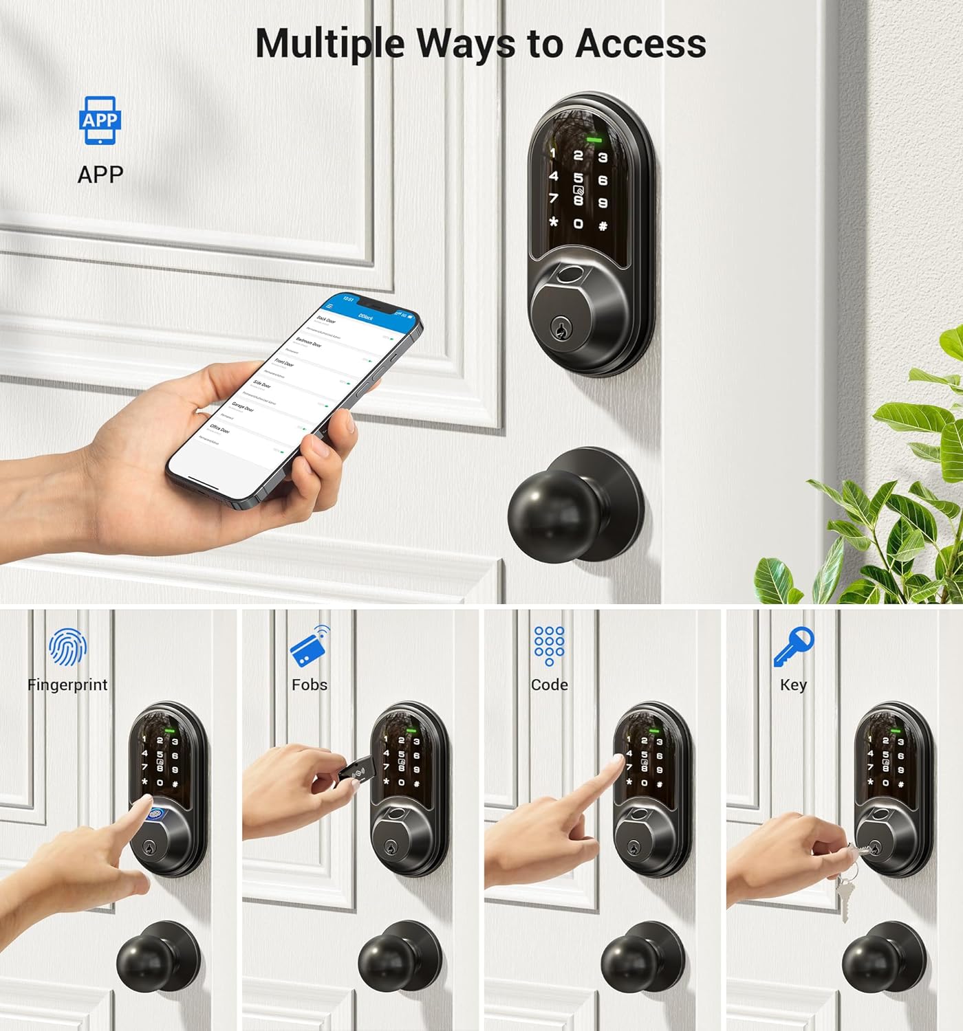 Veise RZ07C Smart Locks for Front Door, 2 Knob Handle Set, Fingerprint Keyless Entry, App Control Biometric Door Lock, Electronic Digital Touchscreen Keypad Deadbolt, Easy Install, Auto Lock