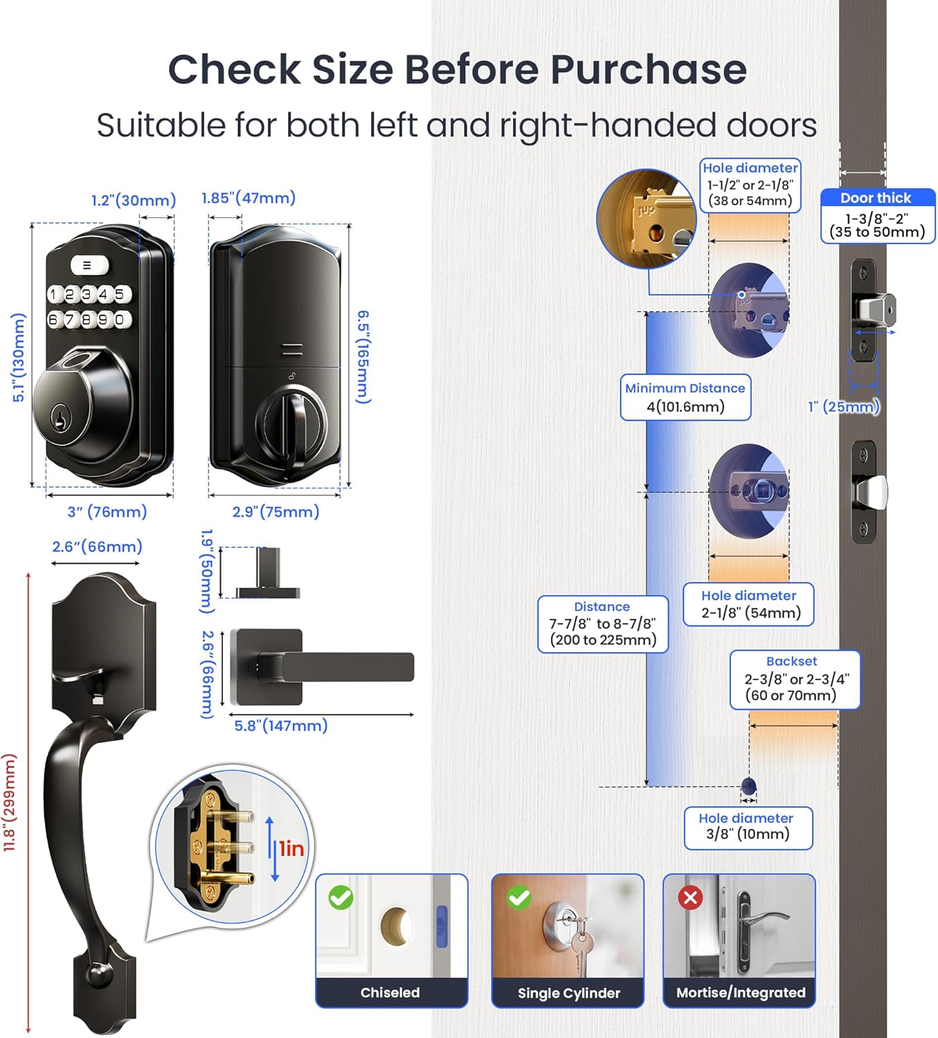 Installation diagram with lock body 5.1x3in, door thickness 1-3/8 to 2in, backset 2-3/8 or 2-3/4in, fits left and right doors