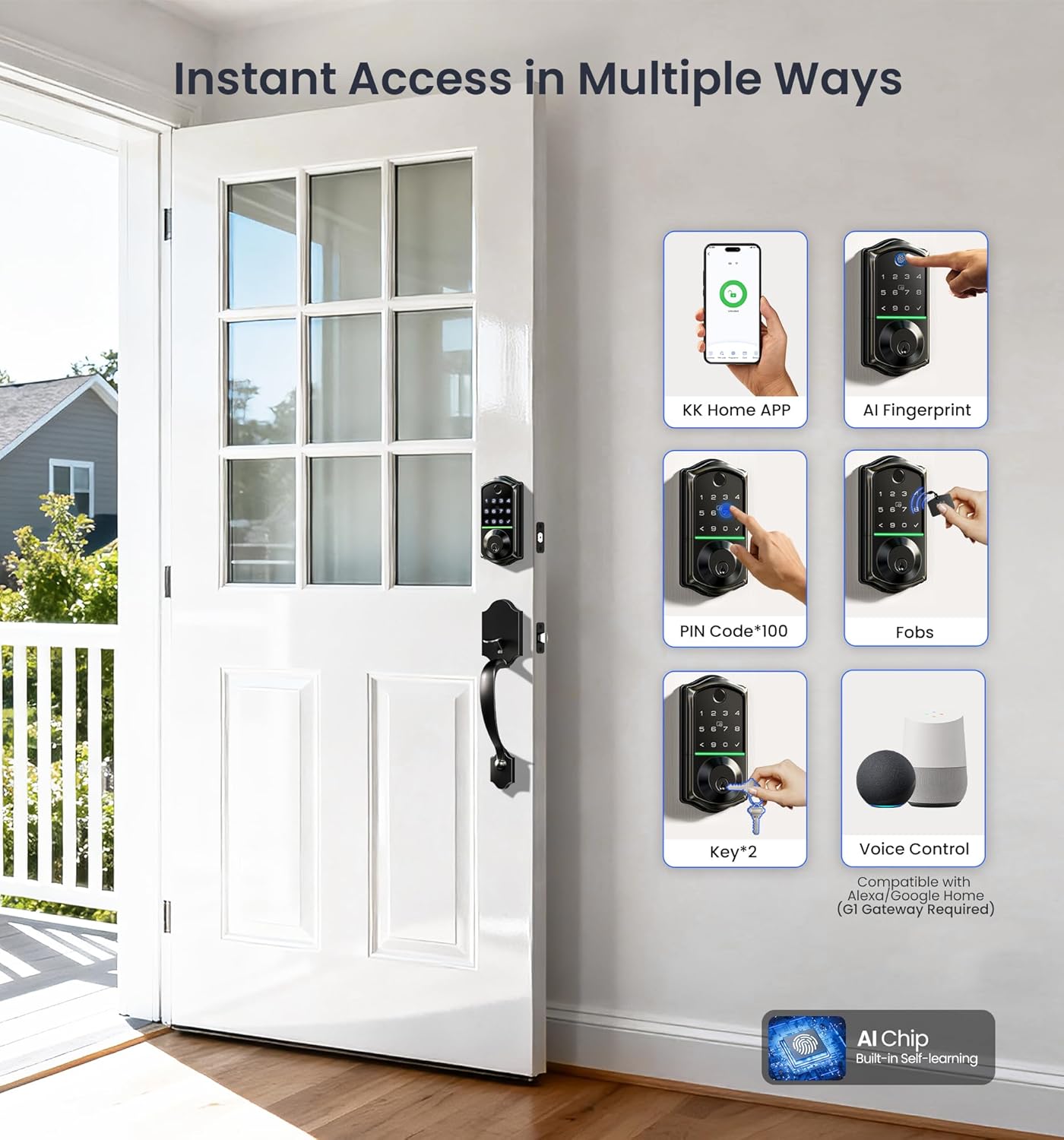 Instant Access in Multiple Ways:
AI fingerprint, PIN code, key fob, spare key, and KK Home App — voice control via Alexa or Google Home with Gateway 1.