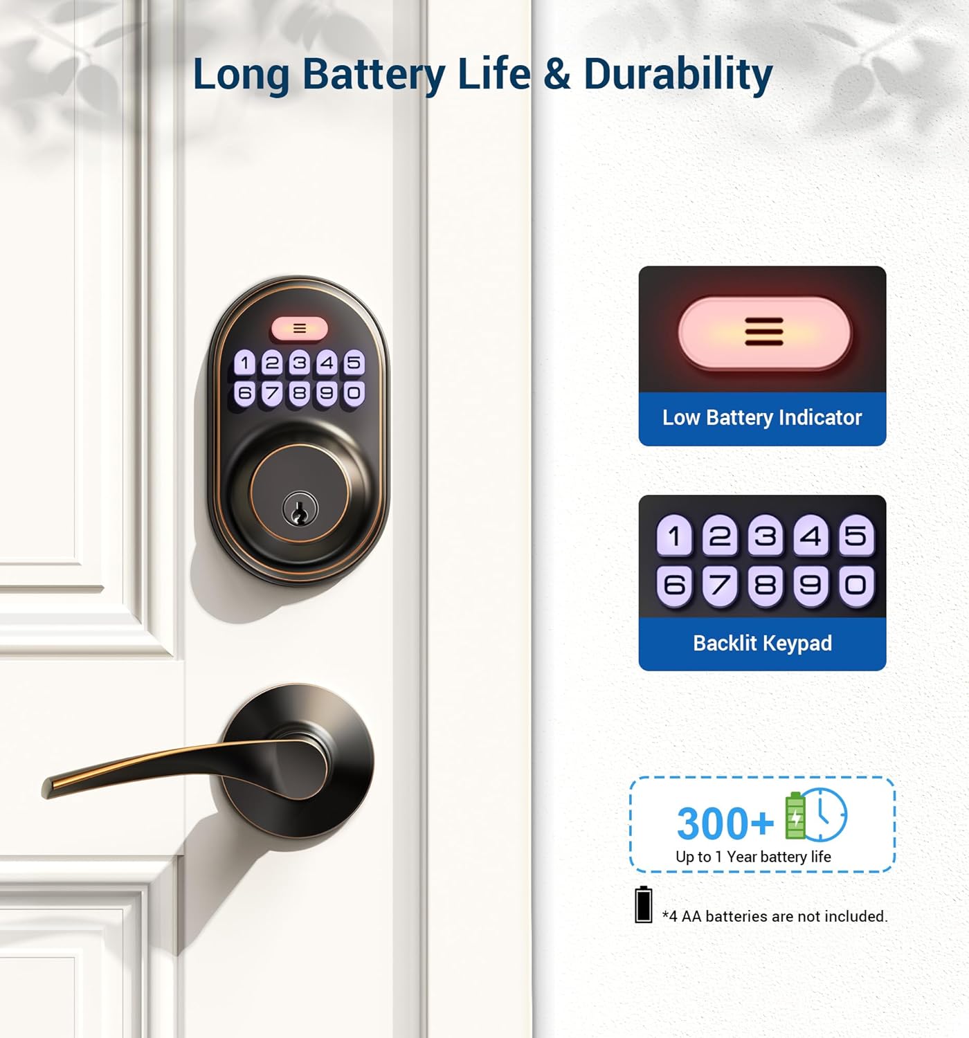 Veise RZ-C Keyless Entry Door Lock with 2 Lever Handles - Electronic Keypad Deadbolt, Auto Lock, Back Lit & Easy Installation Design, Front Door Handle Sets