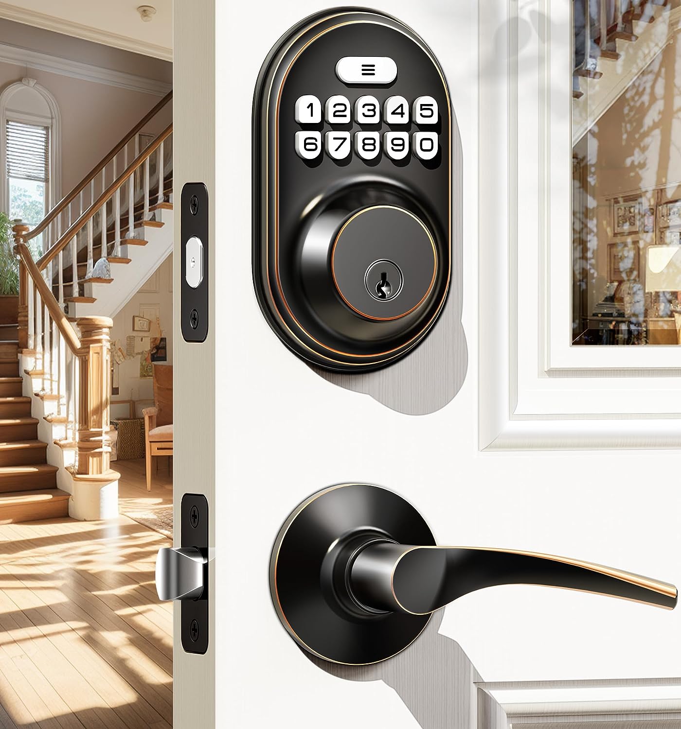 Veise KS02B Fingerprint Door Lock with 2 Lever Handles - Keyless Entry Door Lock, Electronic Keypad Deadbolt, Front Door Lock Handle Sets, Auto Lock & 1 Touch Locking, Easy Installation