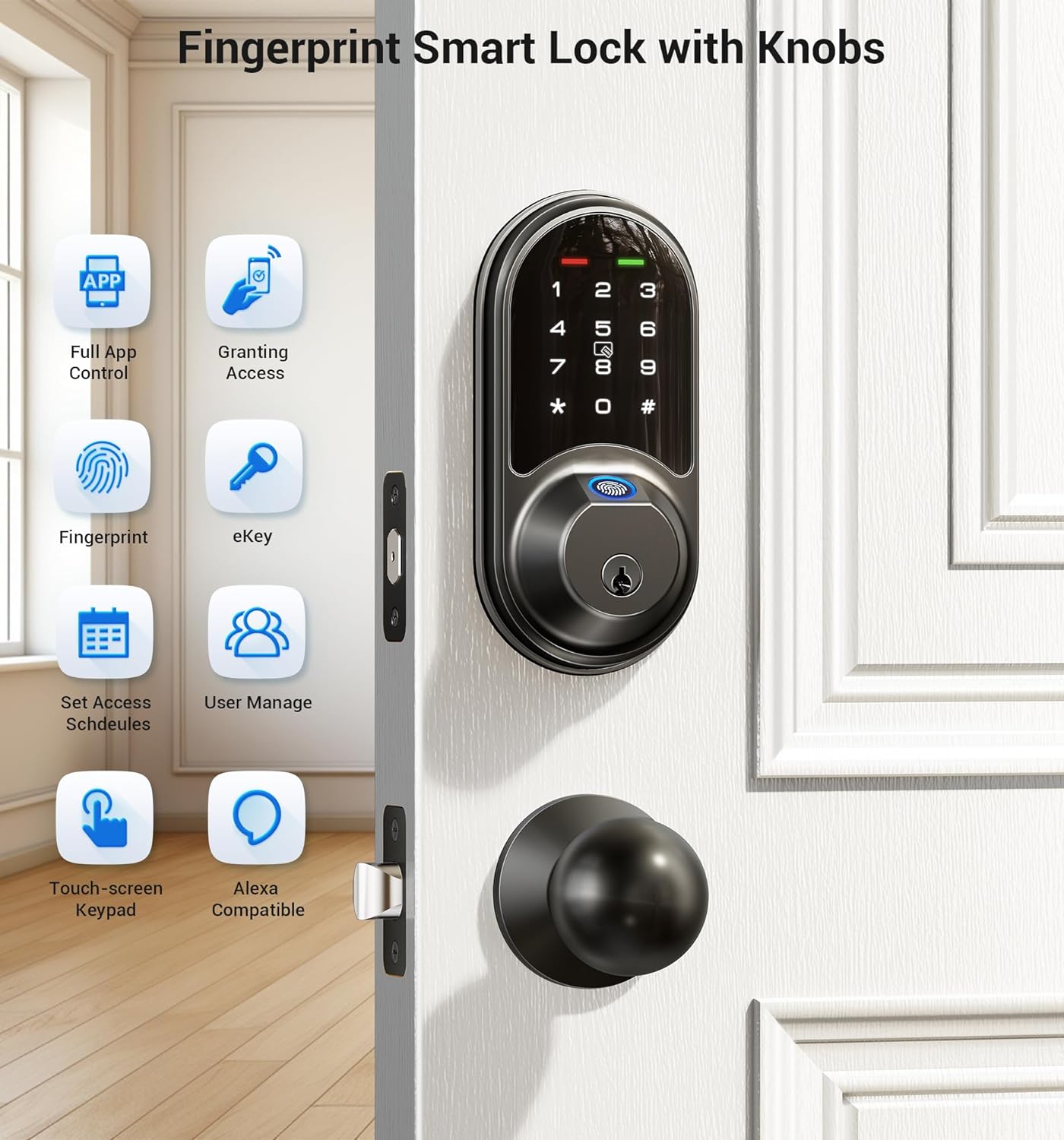 Veise RZ07C Smart Locks for Front Door, 2 Knob Handle Set, Fingerprint Keyless Entry, App Control Biometric Door Lock, Electronic Digital Touchscreen Keypad Deadbolt, Easy Install, Auto Lock