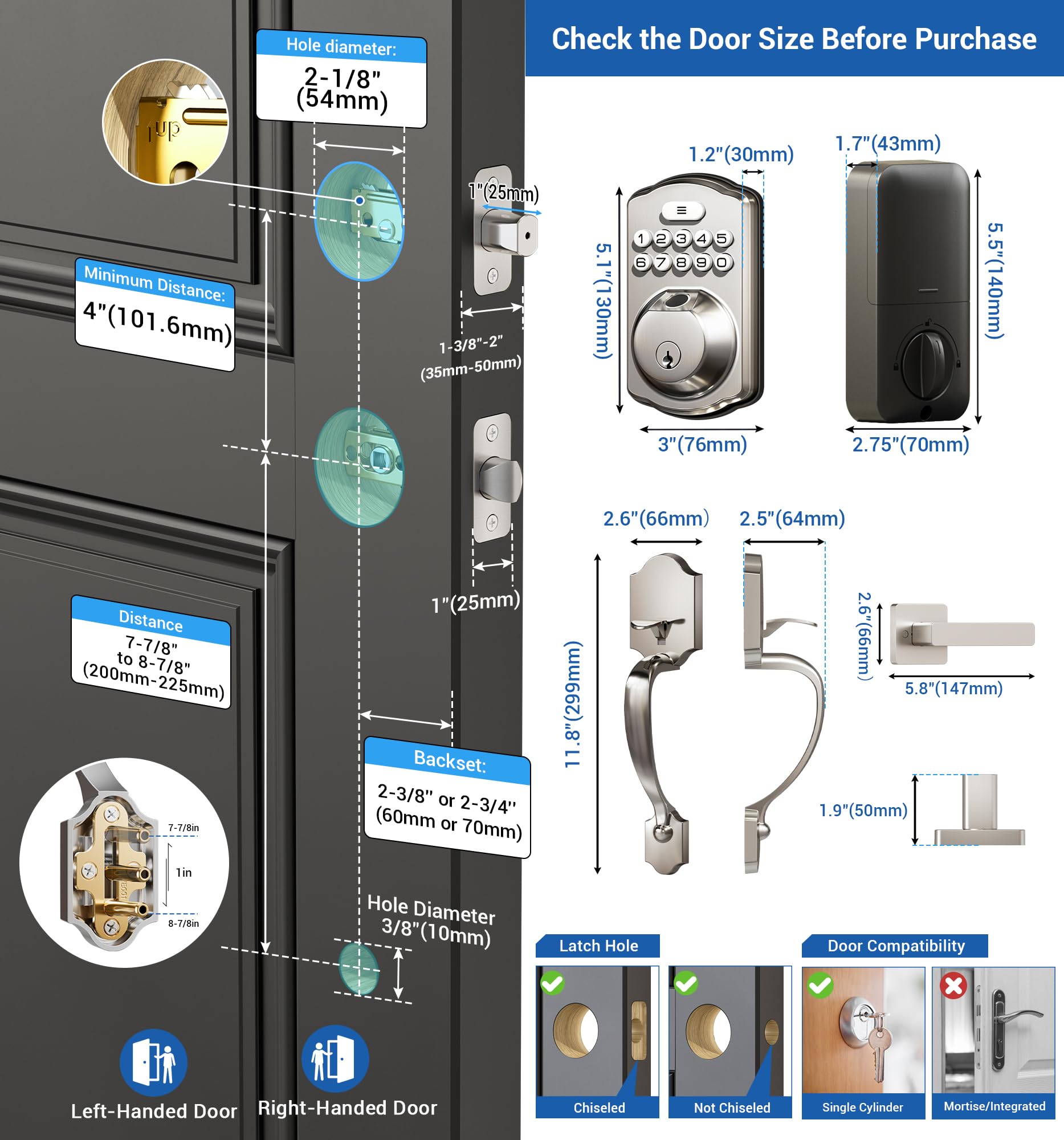 Veise Fingerprint Door Lock Set, Keyless Entry Door Lock, Front Door Handle Set, Electronic Keypad Deadbolt with Lever Handle, 2 Keys, Auto Lock, Code Door Lock, Easy to Install, Satin Nickel